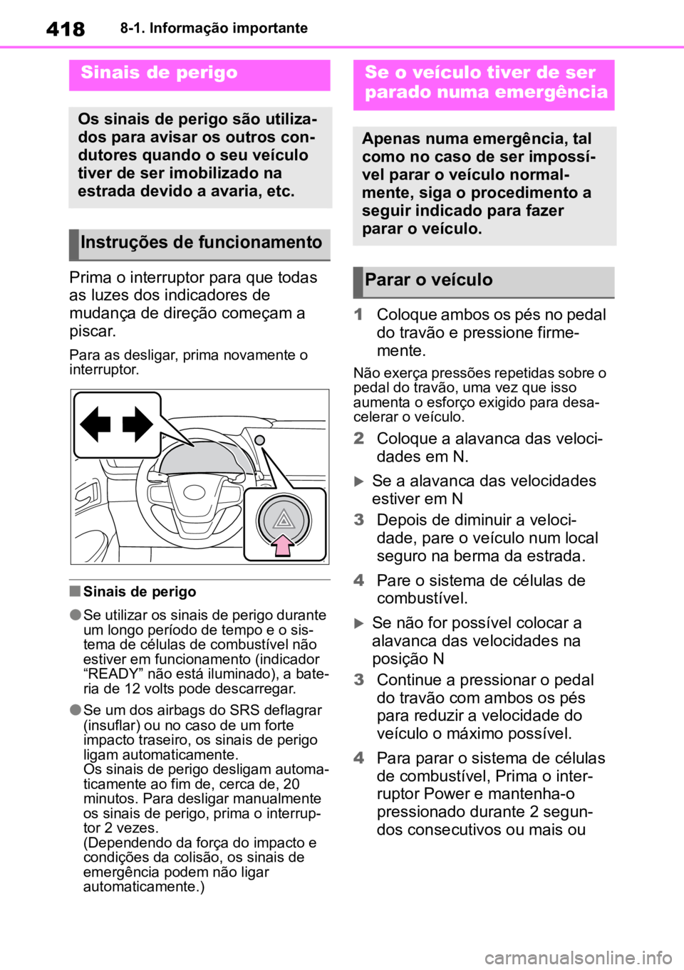 TOYOTA MIRAI 2023 Manual de utilização (in Portuguese) 4188-1. Informação importante
8-1.Informação importante
Prima o interruptor para que todas
as luzes dos indicadores de
mudança de direção começam a
piscar.
Para as desligar, prima novamente TOYOTA MIRAI 2023 Manual de utilização (in Portuguese) 4188-1. Informação importante
8-1.Informação importante
Prima o interruptor para que todas
as luzes dos indicadores de
mudança de direção começam a
piscar.
Para as desligar, prima novamente