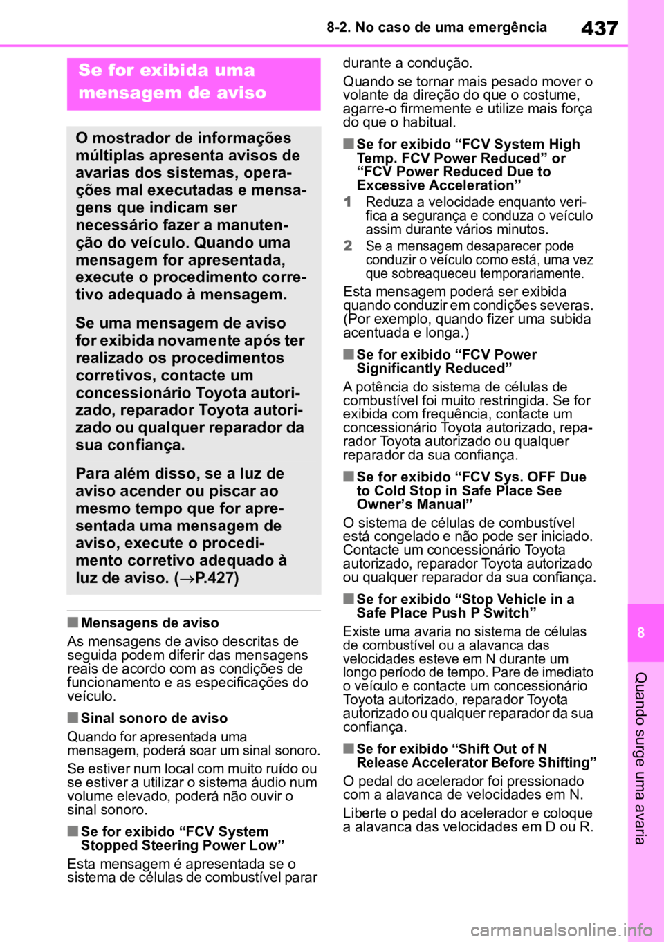 TOYOTA MIRAI 2023 Manual de utilização (in Portuguese) 437
8
8-2. No caso de uma emergência
Quando surge uma avaria
nMensagens de aviso
As mensagens de aviso descritas de
seguida podem diferir das mensagens
reais de acordo com as condições de
funcio TOYOTA MIRAI 2023 Manual de utilização (in Portuguese) 437
8
8-2. No caso de uma emergência
Quando surge uma avaria
nMensagens de aviso
As mensagens de aviso descritas de
seguida podem diferir das mensagens
reais de acordo com as condições de
funcio