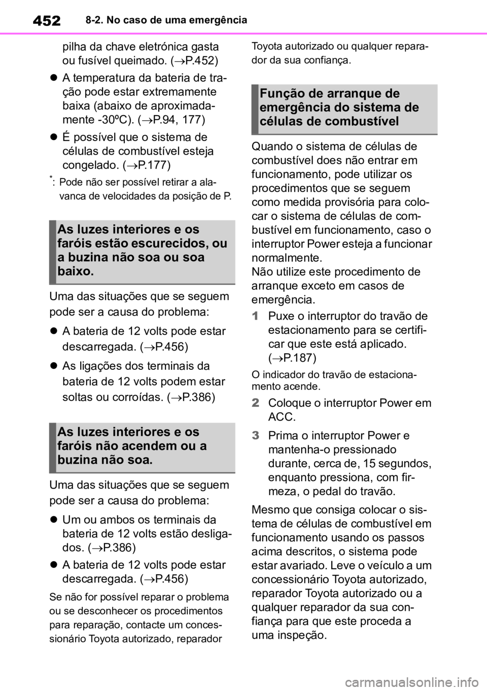 TOYOTA MIRAI 2023 Manual de utilização (in Portuguese) 4528-2. No caso de uma emergência
pilha da chave eletrónica gasta
ou fusível queimado. (
P.452
)
A temperatura da bateria de tra-
ção pode estar extremamente
baixa (abaixo de aproxim TOYOTA MIRAI 2023 Manual de utilização (in Portuguese) 4528-2. No caso de uma emergência
pilha da chave eletrónica gasta
ou fusível queimado. (
P.452
)
A temperatura da bateria de tra-
ção pode estar extremamente
baixa (abaixo de aproxim