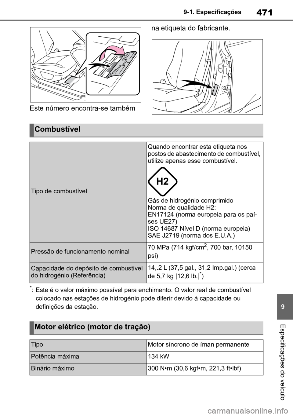 TOYOTA MIRAI 2023 Manual de utilização (in Portuguese) 471
9
9-1. Especificações
Especificações do veículo
Este número encontra-se também
na etiqueta do fabricante.
*: Este é o valor máximo possível para enchimento. O valor real de combustível TOYOTA MIRAI 2023 Manual de utilização (in Portuguese) 471
9
9-1. Especificações
Especificações do veículo
Este número encontra-se também
na etiqueta do fabricante.
*: Este é o valor máximo possível para enchimento. O valor real de combustível