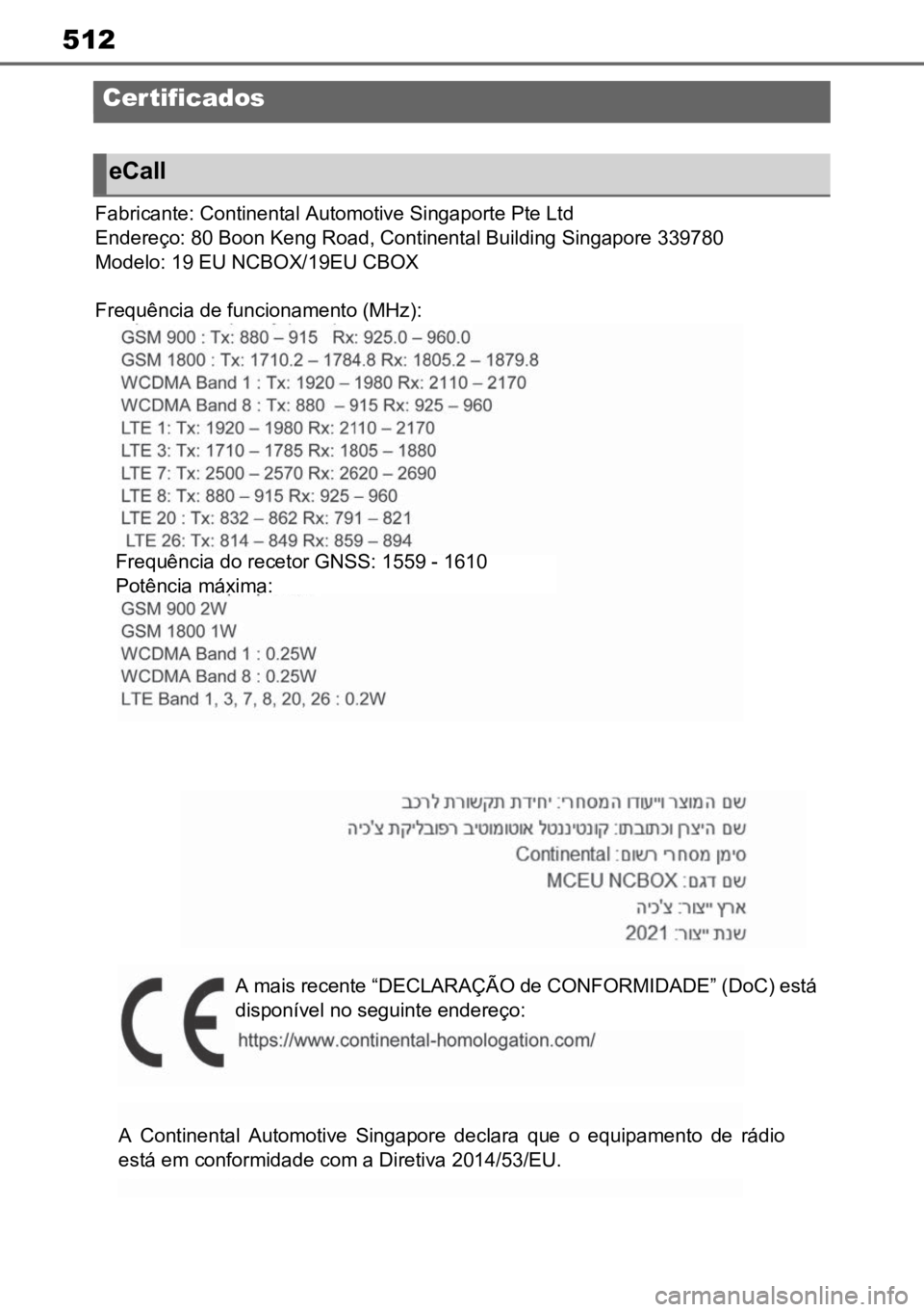 TOYOTA MIRAI 2023 Manual de utilização (in Portuguese) 512
Certificados
eCall
A mais recente “DECLARAÇÃO de CONFORMIDADE” (DoC) está
disponível no seguinte endereço:
Fabricante: Continental Automotive Singaporte Pte Ltd
Endereço: 80 Boon Keng Ro TOYOTA MIRAI 2023 Manual de utilização (in Portuguese) 512
Certificados
eCall
A mais recente “DECLARAÇÃO de CONFORMIDADE” (DoC) está
disponível no seguinte endereço:
Fabricante: Continental Automotive Singaporte Pte Ltd
Endereço: 80 Boon Keng Ro