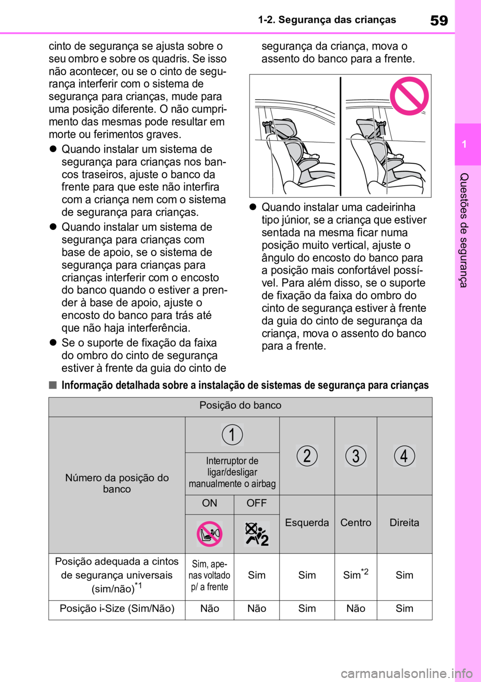 TOYOTA MIRAI 2023 Manual de utilização (in Portuguese) 59
1
1-2. Segurança das crianças
Questões de segurança
cinto de segurança se ajusta sobre o
seu ombro e sobre os quadris. Se isso
não acontecer, ou se o cinto de segu -
rança interferir com TOYOTA MIRAI 2023 Manual de utilização (in Portuguese) 59
1
1-2. Segurança das crianças
Questões de segurança
cinto de segurança se ajusta sobre o
seu ombro e sobre os quadris. Se isso
não acontecer, ou se o cinto de segu -
rança interferir com