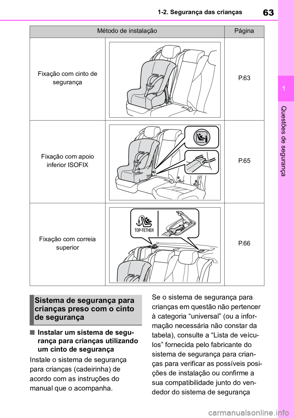 TOYOTA MIRAI 2023 Manual de utilização (in Portuguese) 63
1
1-2. Segurança das crianças
Questões de segurança
nInstalar um sistema de segu
-
rança para crianças utilizando
um cinto de segurança
Instale o sistema de segurança
para crianças (cade TOYOTA MIRAI 2023 Manual de utilização (in Portuguese) 63
1
1-2. Segurança das crianças
Questões de segurança
nInstalar um sistema de segu
-
rança para crianças utilizando
um cinto de segurança
Instale o sistema de segurança
para crianças (cade