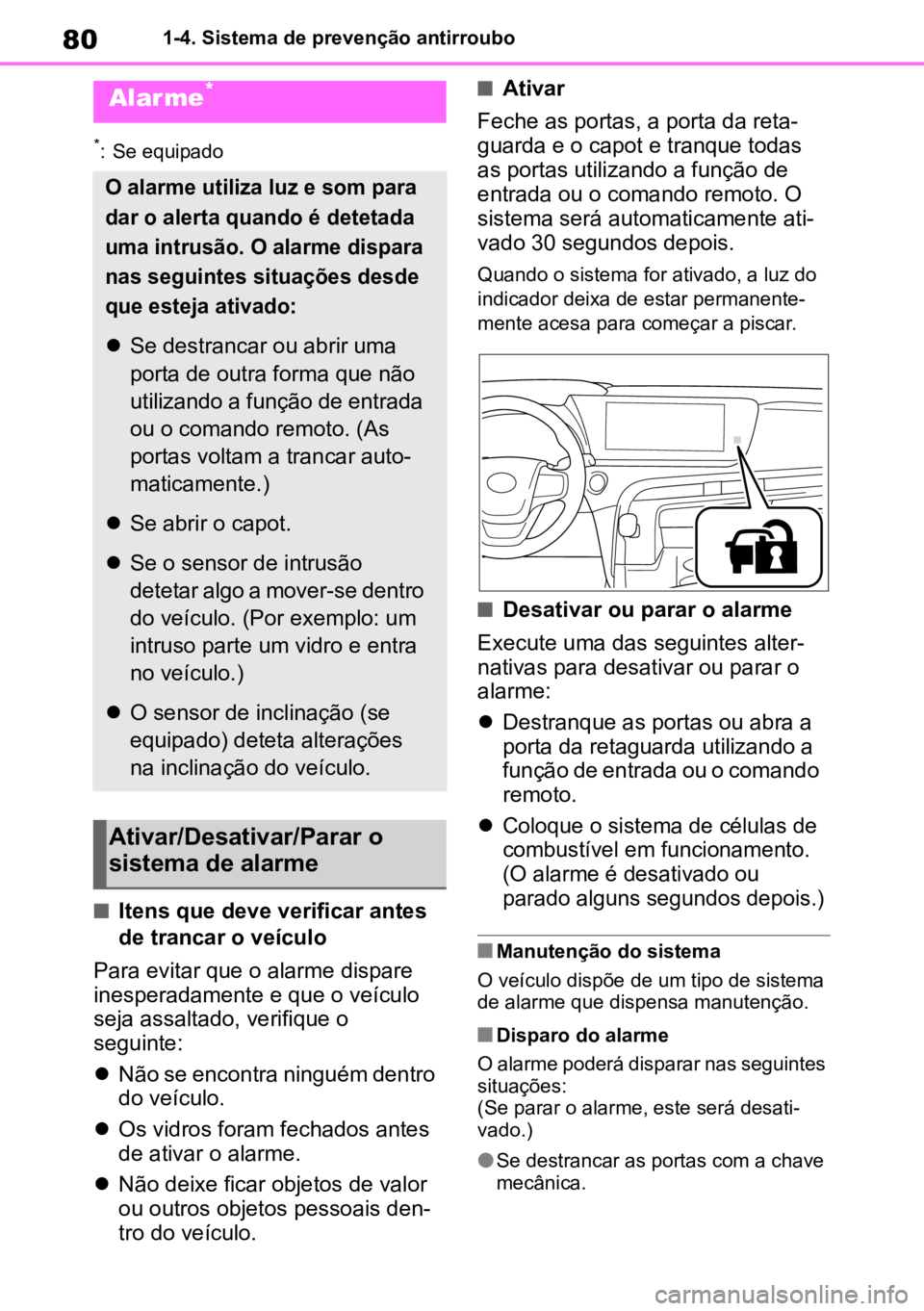 TOYOTA MIRAI 2023 Manual de utilização (in Portuguese) 801-4. Sistema de prevenção antirroubo
*: Se equipado
nItens que deve verificar antes
de trancar o veículo
Para evitar que o alarme dispare
inesperadamente e que o veículo
seja assaltado, verif TOYOTA MIRAI 2023 Manual de utilização (in Portuguese) 801-4. Sistema de prevenção antirroubo
*: Se equipado
nItens que deve verificar antes
de trancar o veículo
Para evitar que o alarme dispare
inesperadamente e que o veículo
seja assaltado, verif