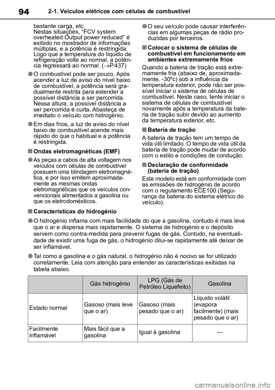 TOYOTA MIRAI 2023 Manual de utilização (in Portuguese) 942-1. Veículos elétricos com células de combustível
bastante carga, etc.
Nestas situações, “FCV system
overheated Output power reduced” é
exibido no mostrador de informações
múltipl TOYOTA MIRAI 2023 Manual de utilização (in Portuguese) 942-1. Veículos elétricos com células de combustível
bastante carga, etc.
Nestas situações, “FCV system
overheated Output power reduced” é
exibido no mostrador de informações
múltipl