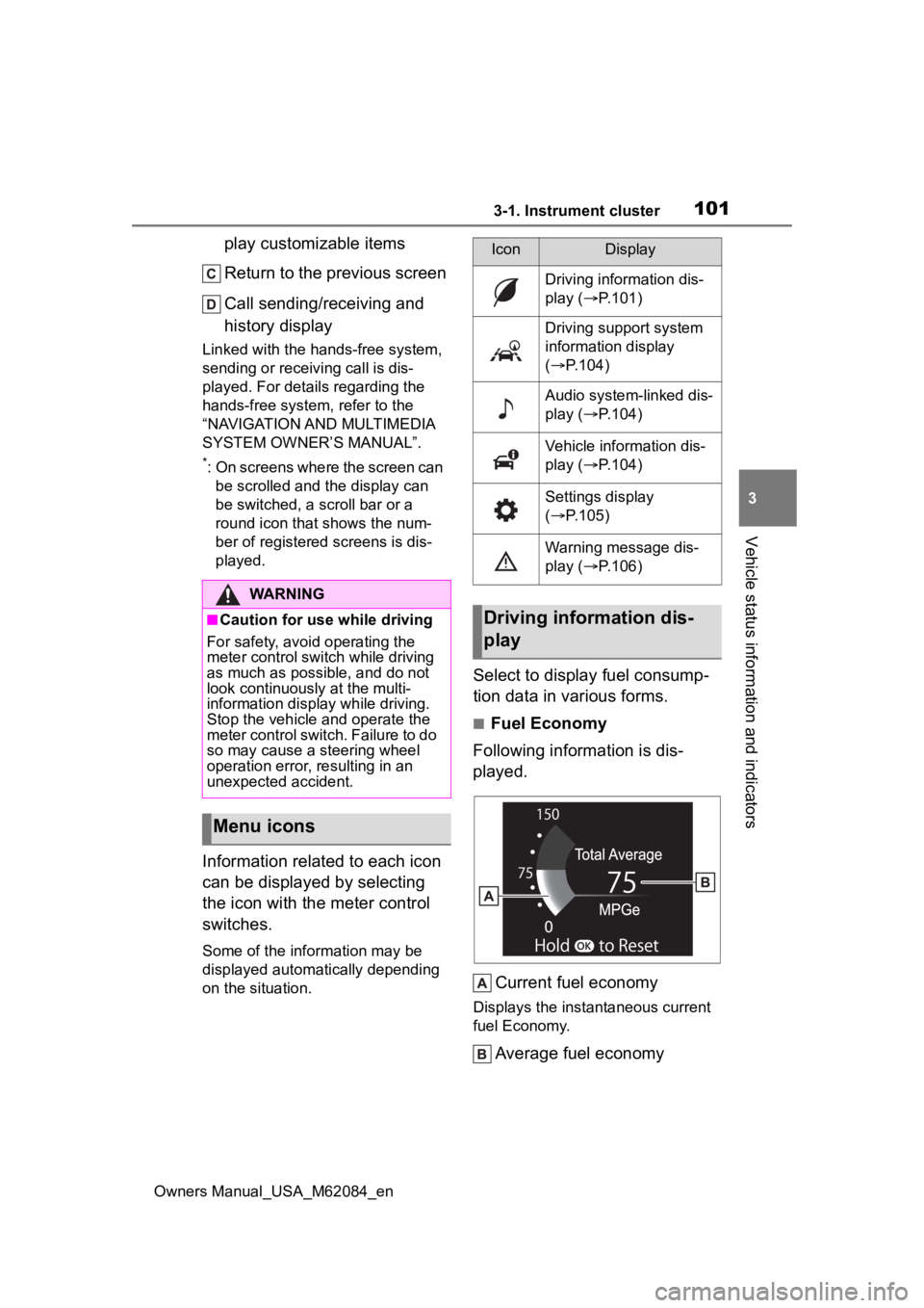 TOYOTA MIRAI 2022  Owners Manual 1013-1. Instrument cluster
Owners Manual_USA_M62084_en
3
Vehicle status information and indicators
play customizable items
Return to the previous screen
Call sending/receiving and 
history display
Lin TOYOTA MIRAI 2022  Owners Manual 1013-1. Instrument cluster
Owners Manual_USA_M62084_en
3
Vehicle status information and indicators
play customizable items
Return to the previous screen
Call sending/receiving and 
history display
Lin