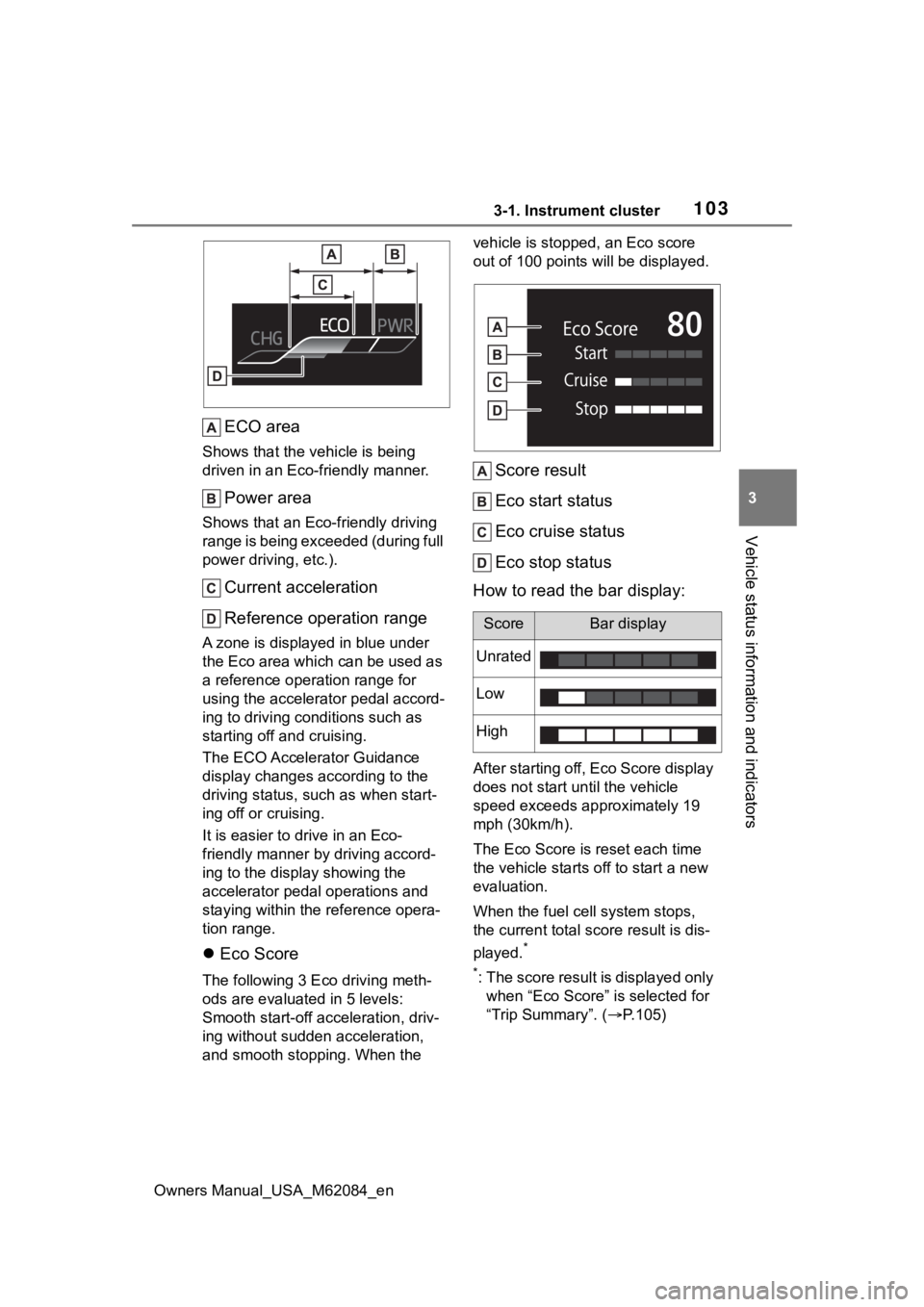 TOYOTA MIRAI 2022  Owners Manual 1033-1. Instrument cluster
Owners Manual_USA_M62084_en
3
Vehicle status information and indicators
ECO area
Shows that the vehicle is being 
driven in an Eco-friendly manner.
Power area
Shows that an  TOYOTA MIRAI 2022  Owners Manual 1033-1. Instrument cluster
Owners Manual_USA_M62084_en
3
Vehicle status information and indicators
ECO area
Shows that the vehicle is being 
driven in an Eco-friendly manner.
Power area
Shows that an