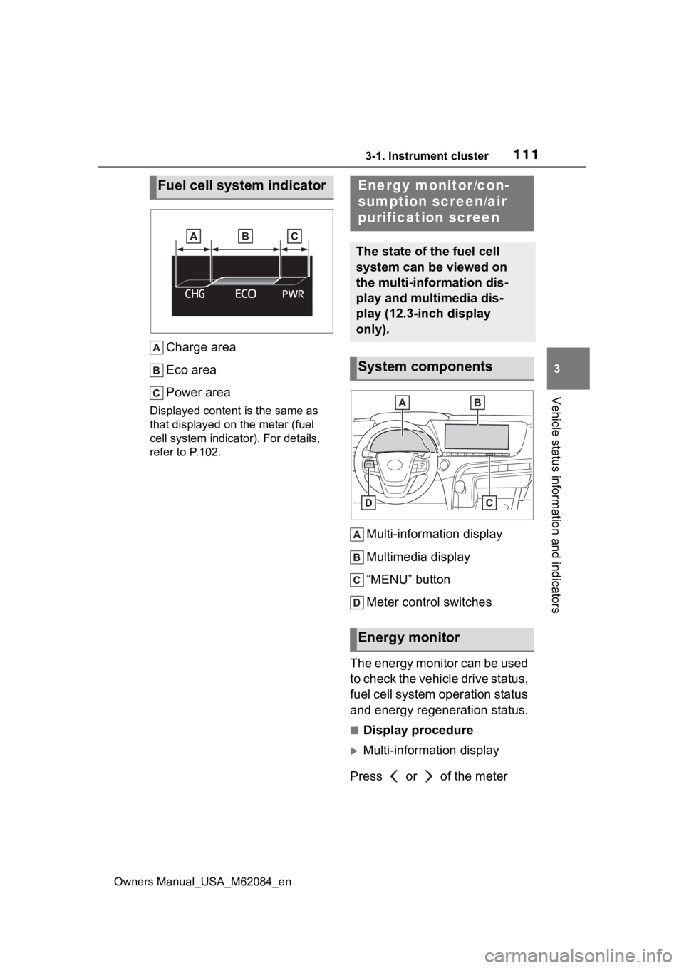 TOYOTA MIRAI 2022 Owners Manual 1113-1. Instrument cluster
Owners Manual_USA_M62084_en
3
Vehicle status information and indicators
Charge area
Eco area
Power area
Displayed content is the same as
that displayed on the meter (fuel TOYOTA MIRAI 2022 Owners Manual 1113-1. Instrument cluster
Owners Manual_USA_M62084_en
3
Vehicle status information and indicators
Charge area
Eco area
Power area
Displayed content is the same as
that displayed on the meter (fuel