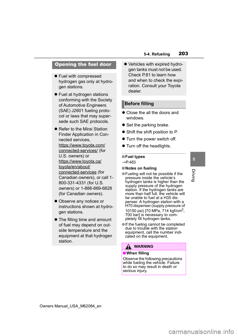 TOYOTA MIRAI 2022  Owners Manual 2035-4. Refueling
Owners Manual_USA_M62084_en
5
Driving
5-4.Refueling
 Close the all the doors and 
windows.
 Set the parking brake.
 Shift the shift position to P.
 Turn the power switch 