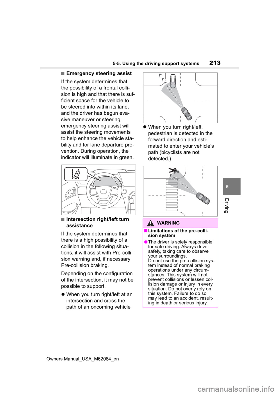 TOYOTA MIRAI 2022  Owners Manual 2135-5. Using the driving support systems
Owners Manual_USA_M62084_en
5
Driving
■Emergency steering assist
If the system determines that 
the possibility of a frontal colli-
sion is high and that th TOYOTA MIRAI 2022  Owners Manual 2135-5. Using the driving support systems
Owners Manual_USA_M62084_en
5
Driving
■Emergency steering assist
If the system determines that 
the possibility of a frontal colli-
sion is high and that th