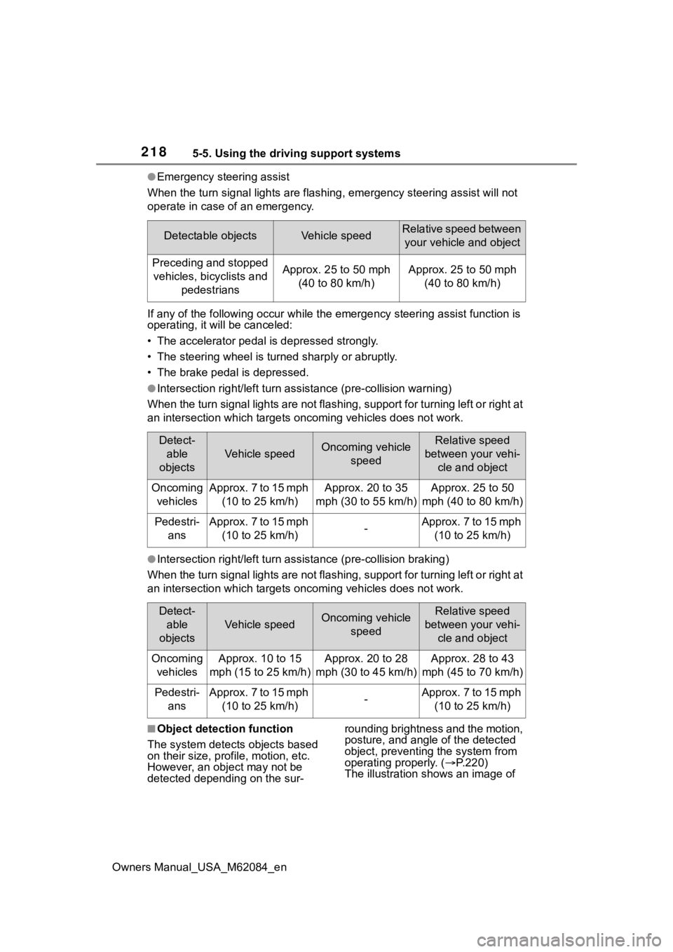 TOYOTA MIRAI 2022 User Guide 2185-5. Using the driving support systems
Owners Manual_USA_M62084_en
●Emergency steering assist
When the turn signal lights are flashing, emergency steering as sist will not 
operate in case of an  TOYOTA MIRAI 2022 User Guide 2185-5. Using the driving support systems
Owners Manual_USA_M62084_en
●Emergency steering assist
When the turn signal lights are flashing, emergency steering as sist will not 
operate in case of an