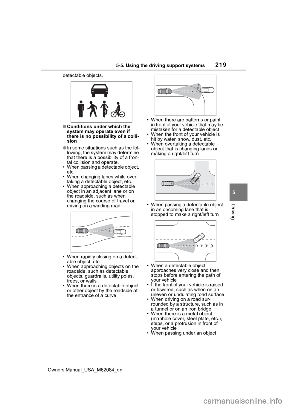 TOYOTA MIRAI 2022  Owners Manual 2195-5. Using the driving support systems
Owners Manual_USA_M62084_en
5
Driving
detectable objects.
■Conditions under which the 
system may operate even if 
there is no possibility of a colli-
sion
 TOYOTA MIRAI 2022  Owners Manual 2195-5. Using the driving support systems
Owners Manual_USA_M62084_en
5
Driving
detectable objects.
■Conditions under which the 
system may operate even if 
there is no possibility of a colli-
sion