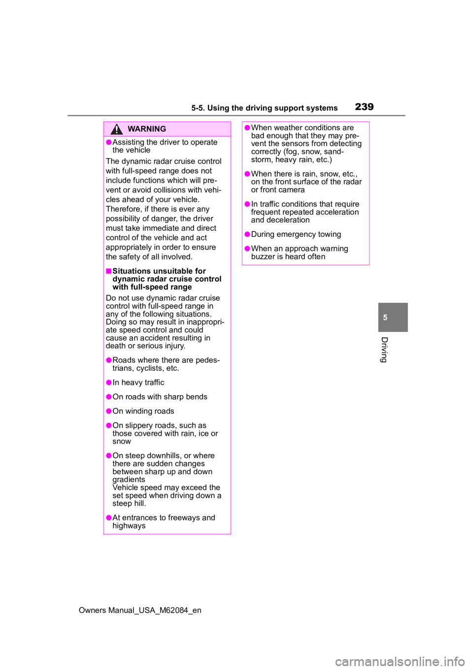 TOYOTA MIRAI 2022  Owners Manual 2395-5. Using the driving support systems
Owners Manual_USA_M62084_en
5
Driving
WARNING
●Assisting the driver to operate 
the vehicle
The dynamic radar cruise control 
with full-speed range does not