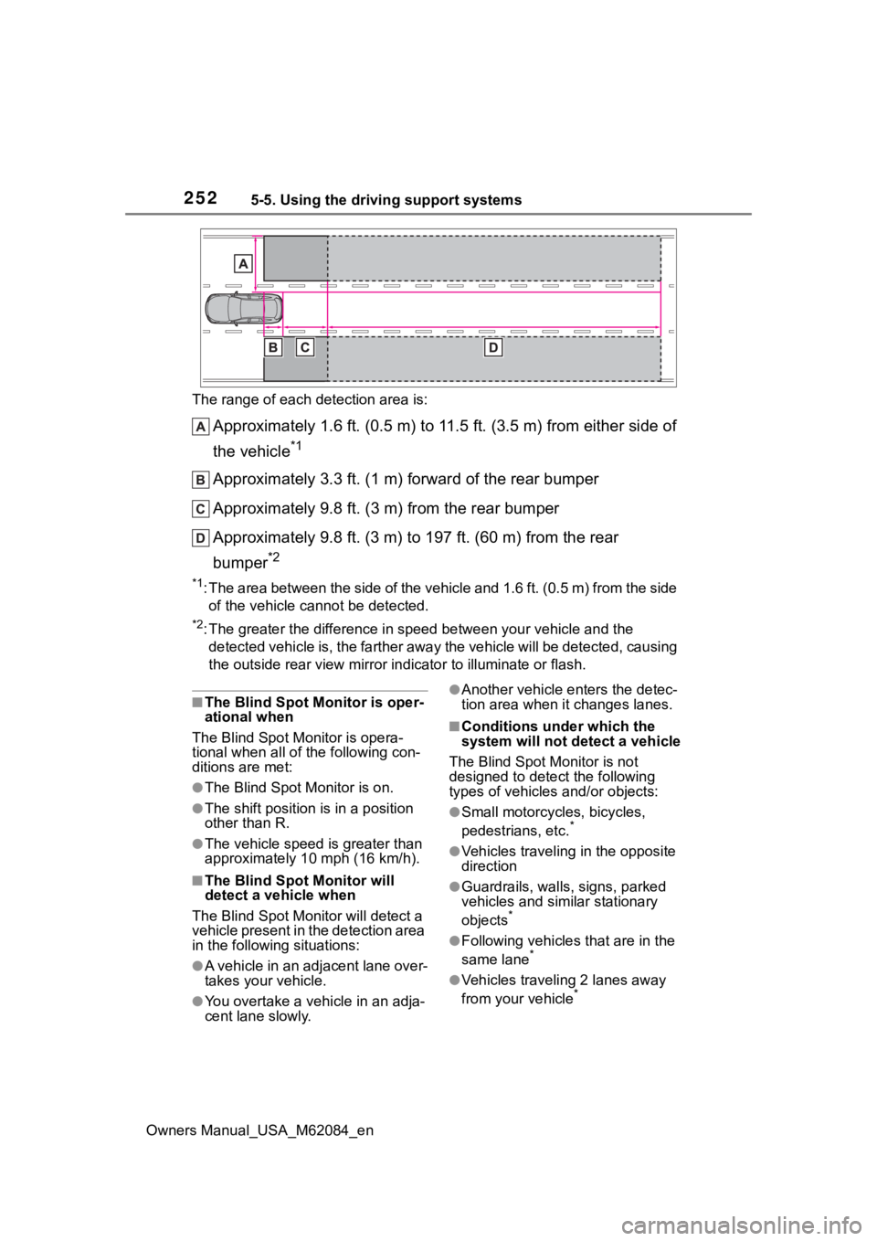 TOYOTA MIRAI 2022  Owners Manual 2525-5. Using the driving support systems
Owners Manual_USA_M62084_enThe range of each detection area is:
Approximately 1.6 ft. (0.5 m) to 11.5 ft. (3.5 m) from either s
ide of 
the vehicle
*1
Approxi
