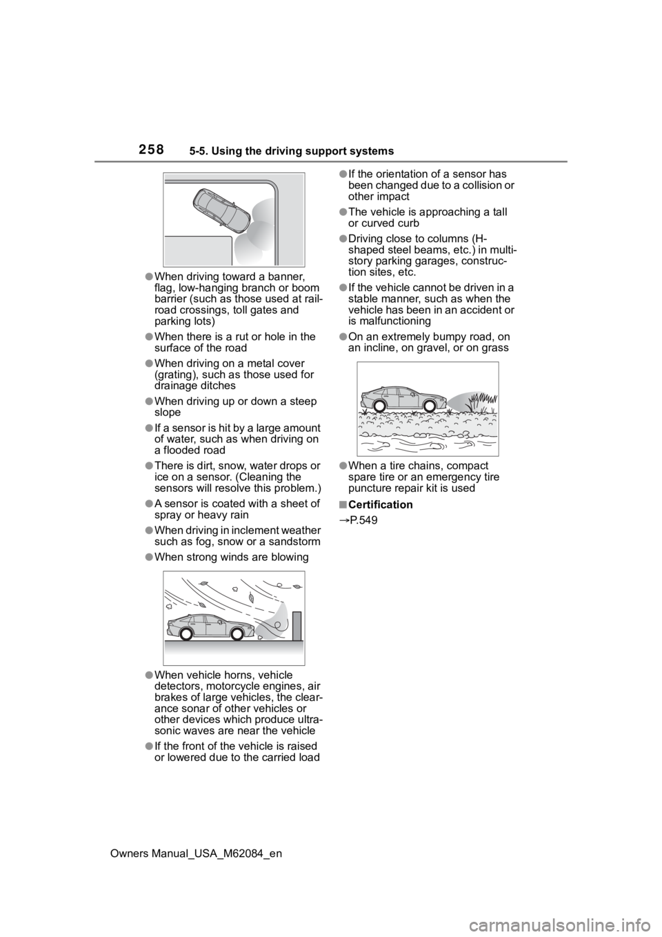 TOYOTA MIRAI 2022  Owners Manual 2585-5. Using the driving support systems
Owners Manual_USA_M62084_en
●When driving toward a banner, 
flag, low-hanging branch or boom 
barrier (such as those used at rail-
road crossings, toll gate