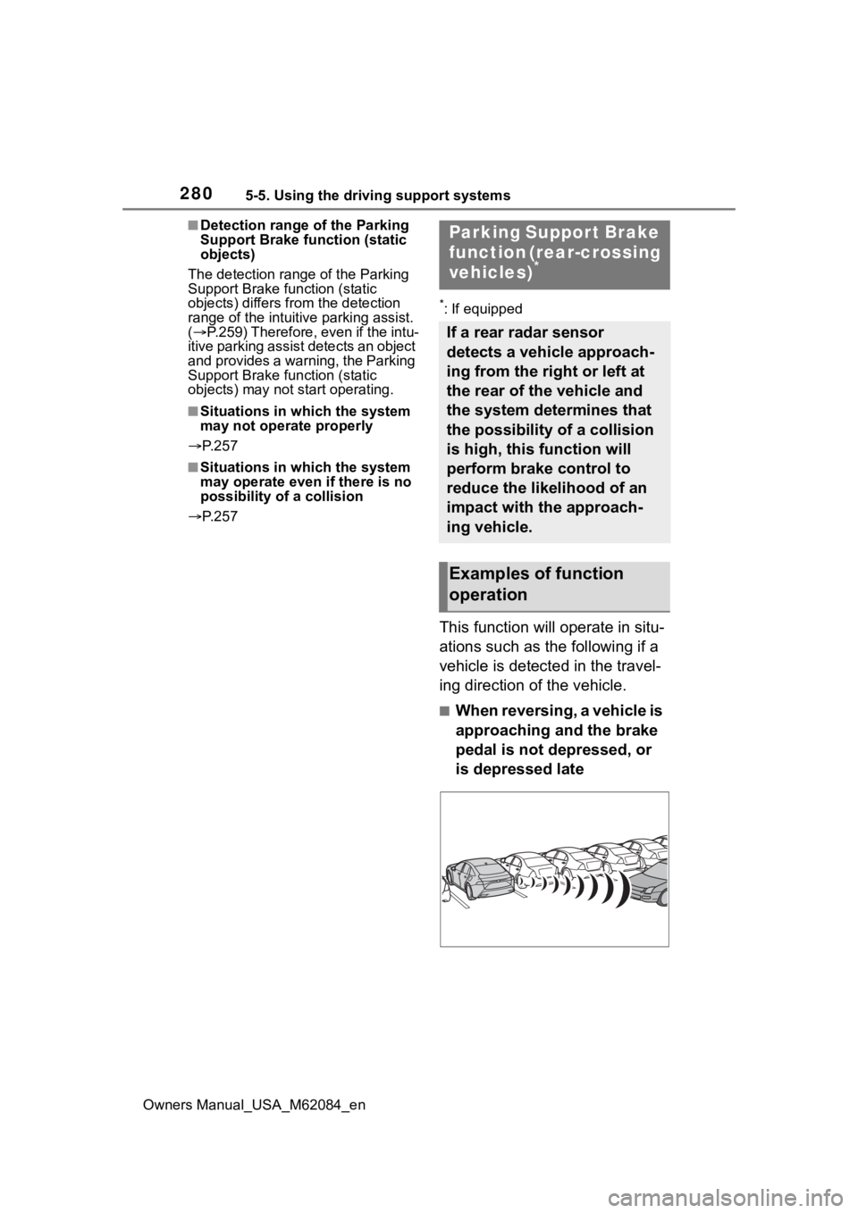 TOYOTA MIRAI 2022 Workshop Manual 2805-5. Using the driving support systems
Owners Manual_USA_M62084_en
■Detection range of the Parking
Support Brake function (static
objects)
The detection range of the Parking
Support Brake func TOYOTA MIRAI 2022 Workshop Manual 2805-5. Using the driving support systems
Owners Manual_USA_M62084_en
■Detection range of the Parking
Support Brake function (static
objects)
The detection range of the Parking
Support Brake func