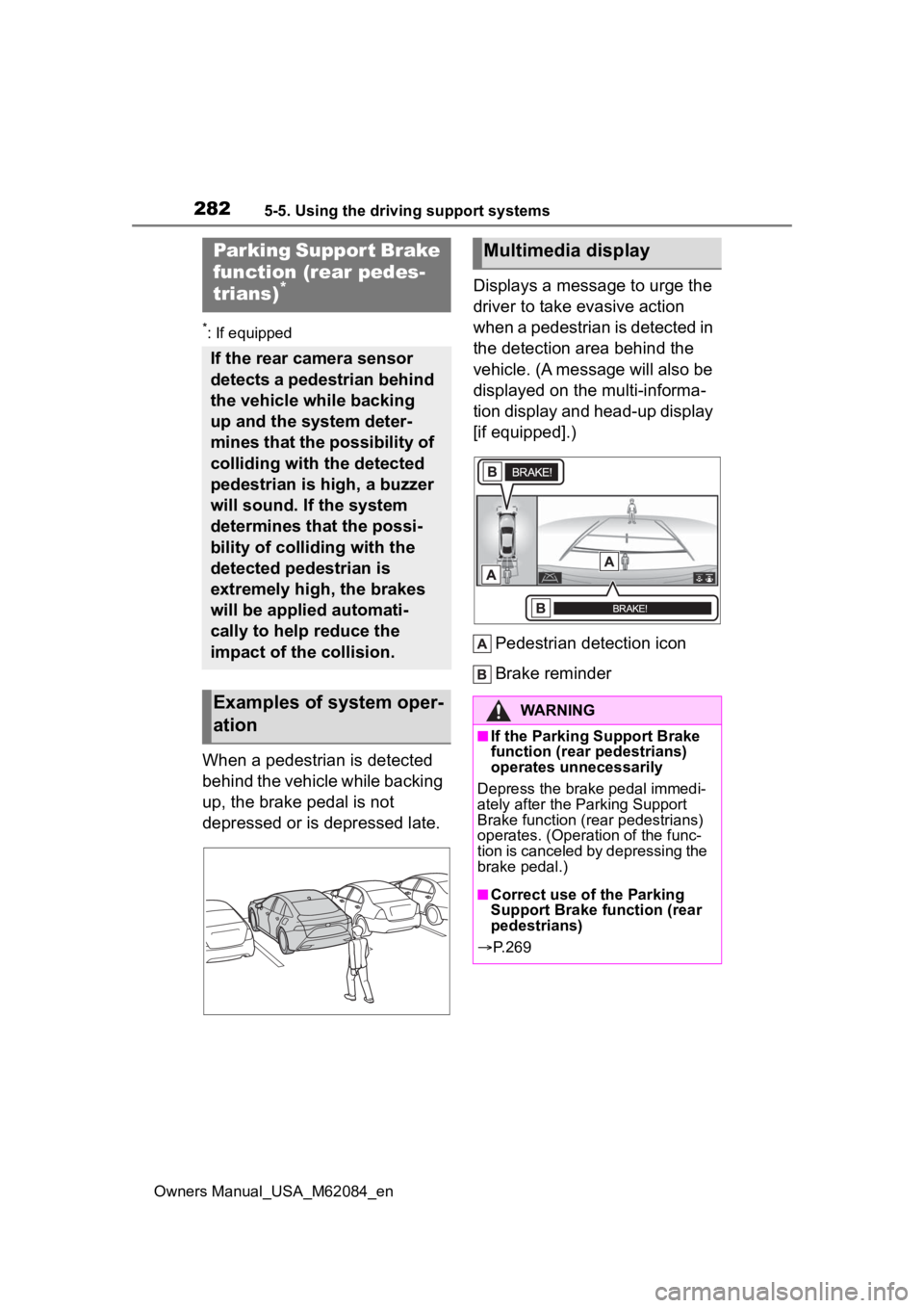 TOYOTA MIRAI 2022 Workshop Manual 2825-5. Using the driving support systems
Owners Manual_USA_M62084_en
*: If equipped
When a pedestrian is detected
behind the vehicle while backing
up, the brake pedal is not
depressed or is depres TOYOTA MIRAI 2022 Workshop Manual 2825-5. Using the driving support systems
Owners Manual_USA_M62084_en
*: If equipped
When a pedestrian is detected
behind the vehicle while backing
up, the brake pedal is not
depressed or is depres
