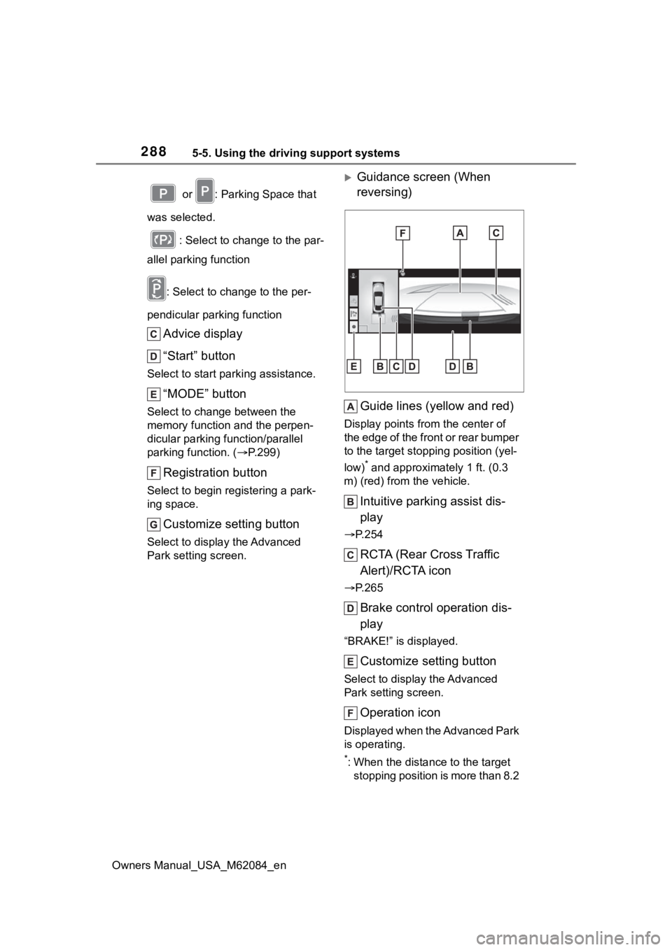TOYOTA MIRAI 2022  Owners Manual 2885-5. Using the driving support systems
Owners Manual_USA_M62084_en or  : Parking Space that 
was selected.
: Select to chan ge to the par-
allel parking function
: Select to chan ge to the per-
pen