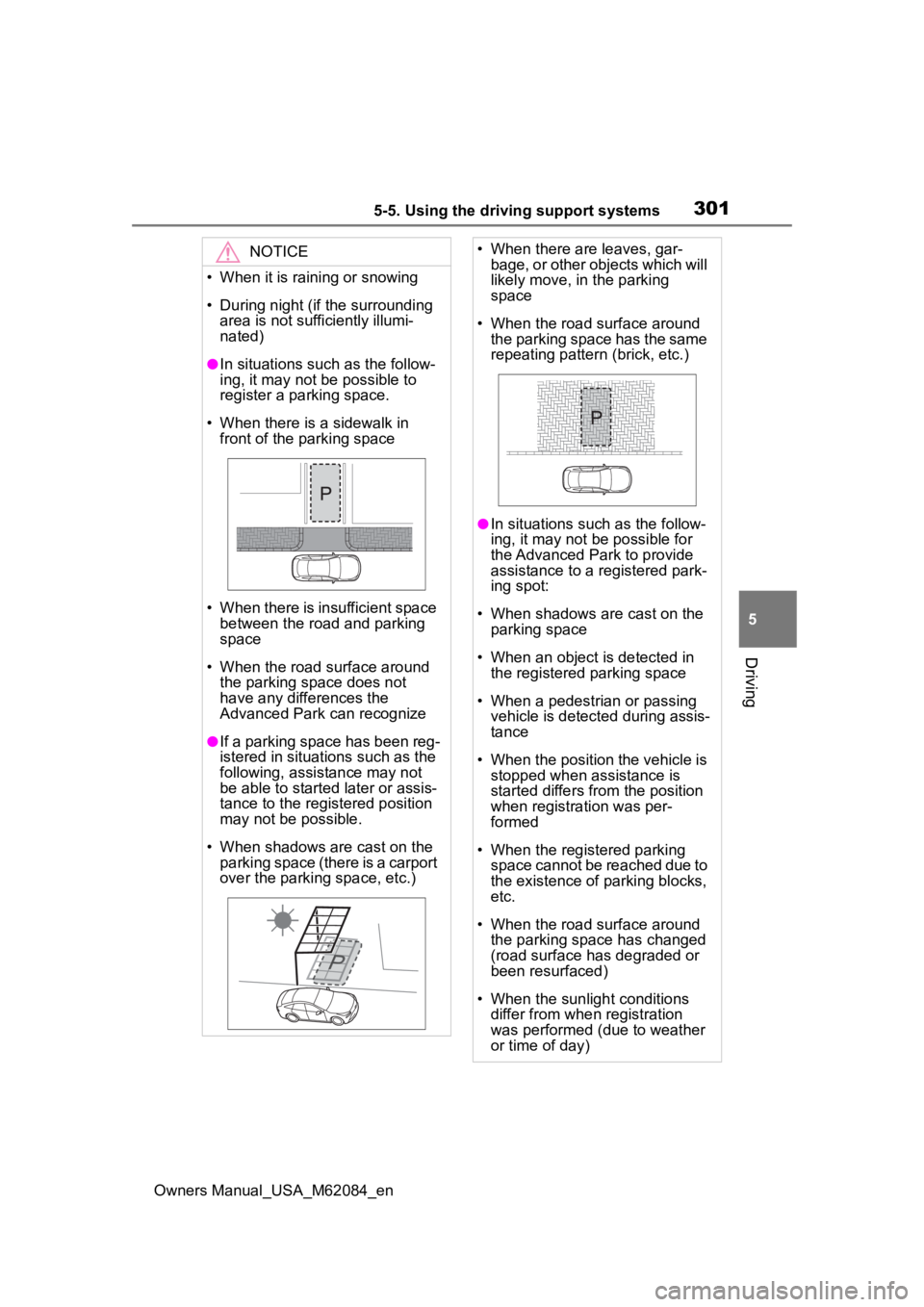 TOYOTA MIRAI 2022  Owners Manual 3015-5. Using the driving support systems
Owners Manual_USA_M62084_en
5
Driving
NOTICE
• When it is raining or snowing
• During night (if the surrounding  area is not sufficiently illumi-
nated)
