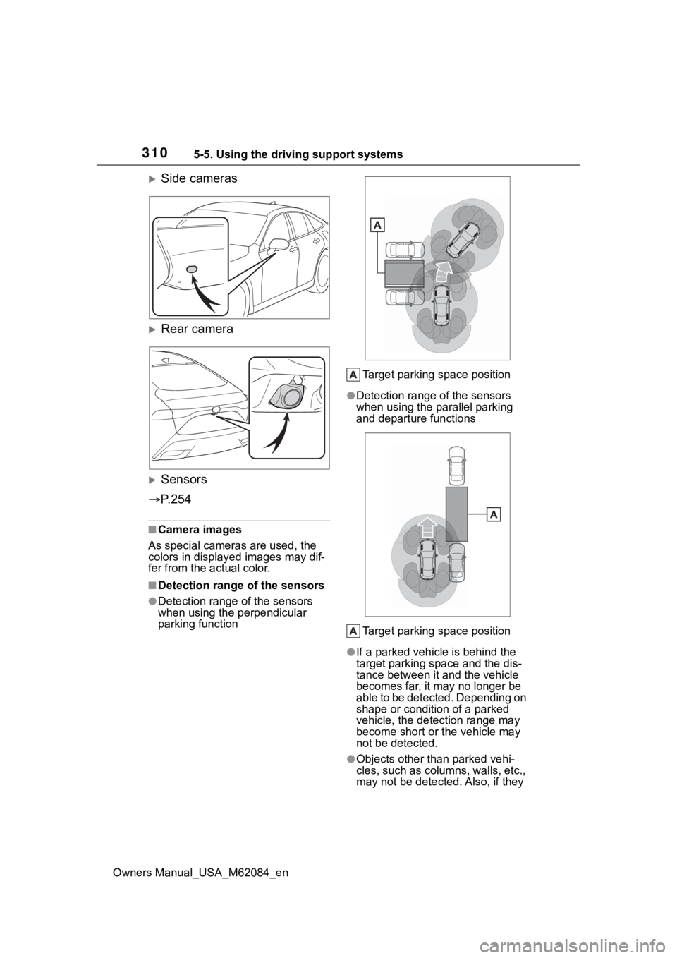 TOYOTA MIRAI 2022 Repair Manual 3105-5. Using the driving support systems
Owners Manual_USA_M62084_en
Side cameras
Rear camera
Sensors
P. 2 5 4
■Camera images
As special cameras are used, the
colors in displayed imag TOYOTA MIRAI 2022 Repair Manual 3105-5. Using the driving support systems
Owners Manual_USA_M62084_en
Side cameras
Rear camera
Sensors
P. 2 5 4
■Camera images
As special cameras are used, the
colors in displayed imag