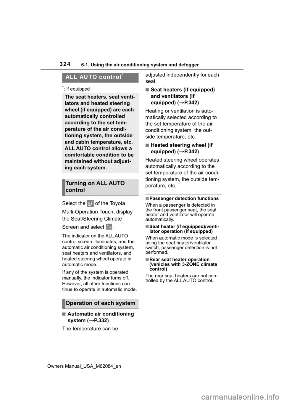 TOYOTA MIRAI 2022 Owners Manual 3246-1. Using the air conditioning system and defogger
Owners Manual_USA_M62084_en
6-1.Using the air conditioning system and defogger
*: If equipped
Select the of the Toyota
Multi-Operation Touch, TOYOTA MIRAI 2022 Owners Manual 3246-1. Using the air conditioning system and defogger
Owners Manual_USA_M62084_en
6-1.Using the air conditioning system and defogger
*: If equipped
Select the of the Toyota
Multi-Operation Touch,