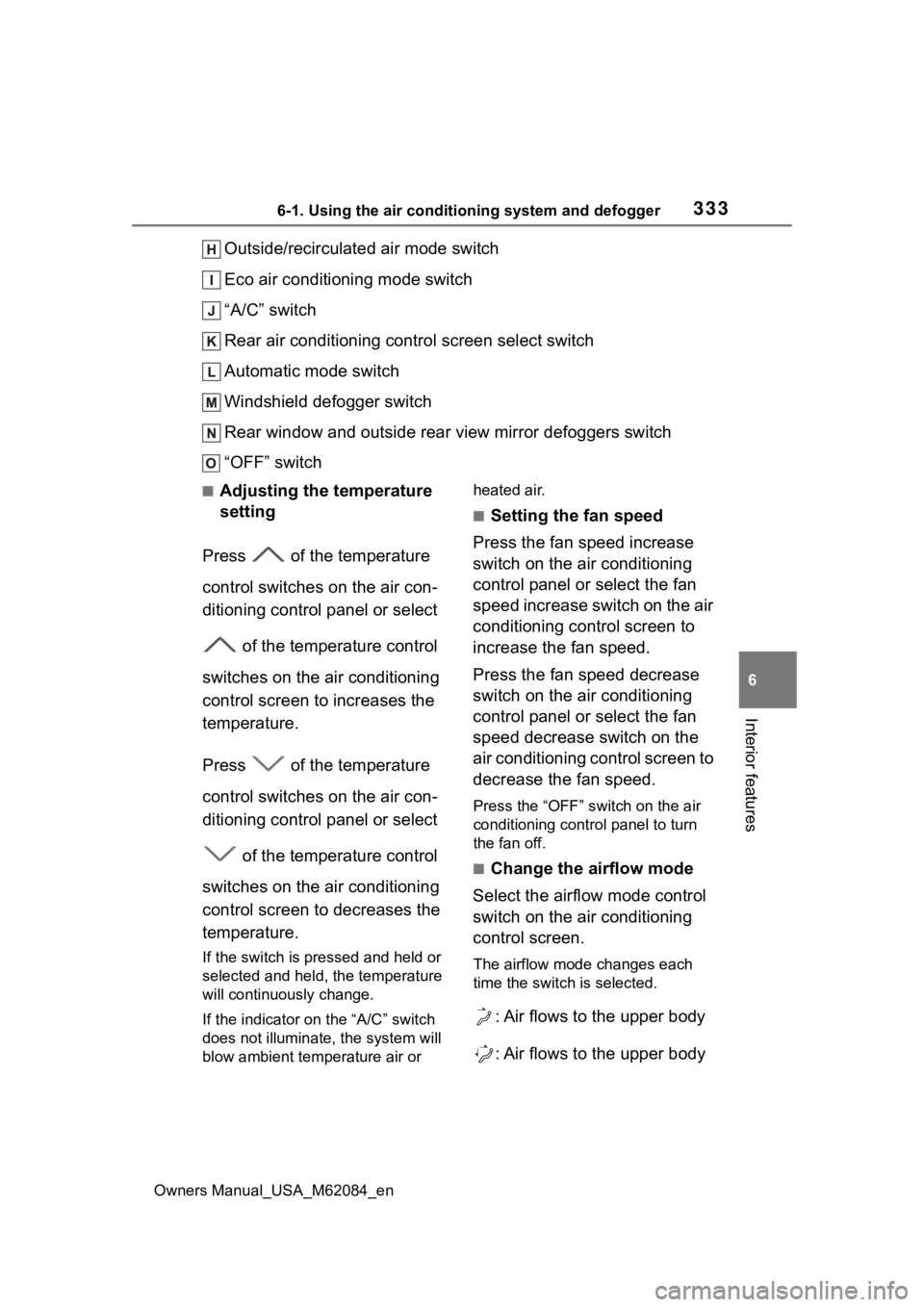 TOYOTA MIRAI 2022  Owners Manual 3336-1. Using the air conditioning system and defogger
Owners Manual_USA_M62084_en
6
Interior features
Outside/recirculated air mode switch
Eco air conditioning mode switch
“A/C” switch
Rear air c
