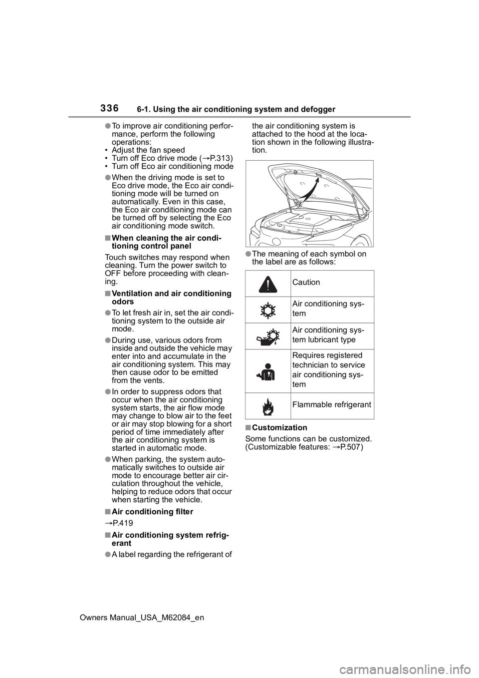 TOYOTA MIRAI 2022  Owners Manual 3366-1. Using the air conditioning system and defogger
Owners Manual_USA_M62084_en
●To improve air conditioning perfor-
mance, perform the following 
operations:
• Adjust the fan speed
• Turn of