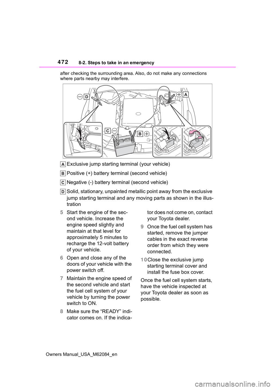 TOYOTA MIRAI 2022  Owners Manual 4728-2. Steps to take in an emergency
Owners Manual_USA_M62084_enafter checking the surrounding a
rea. Also, do not make any connections 
where parts nearby may interfere.
Exclusive jump starting term