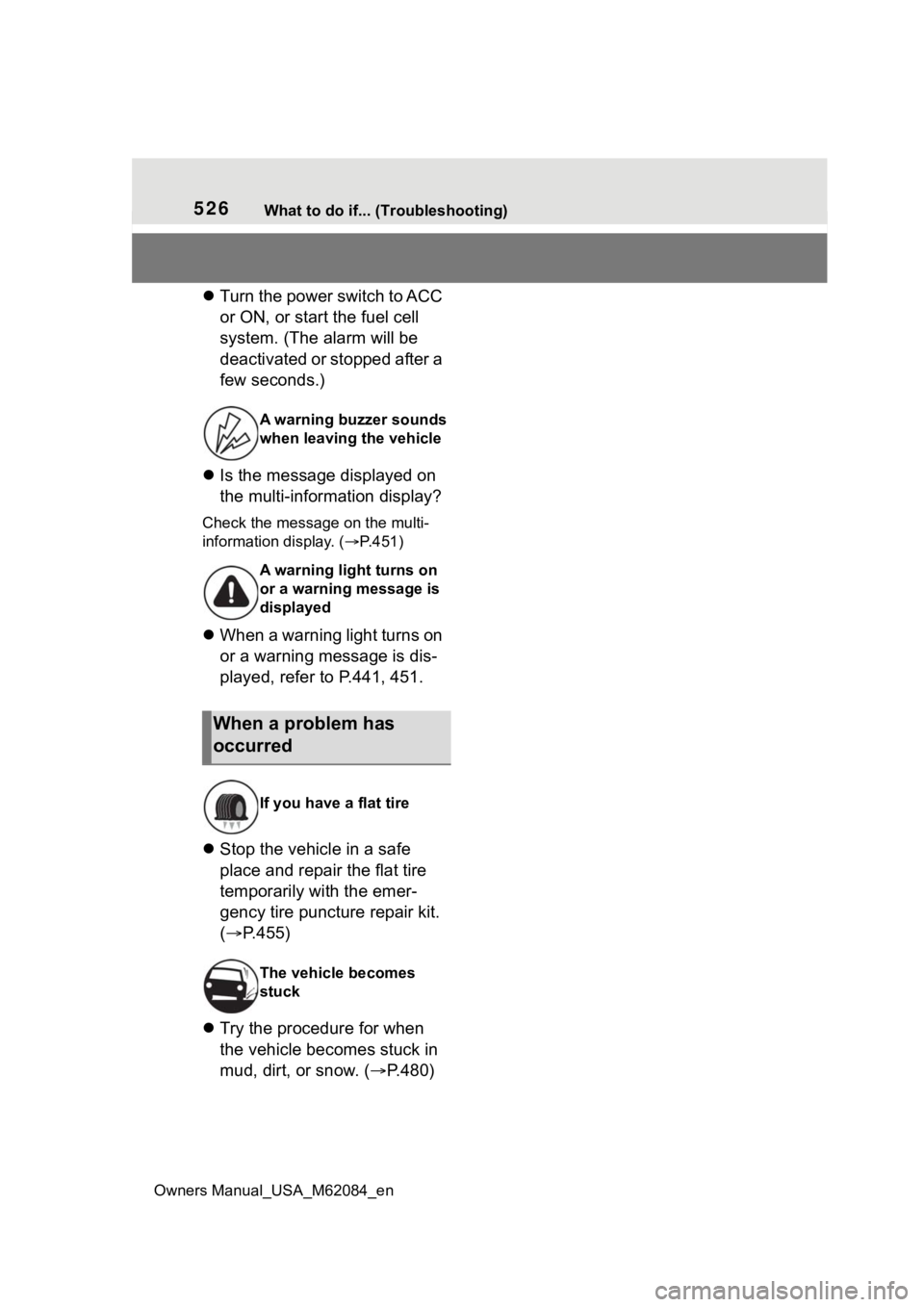 TOYOTA MIRAI 2022 Owners Manual 526What to do if... (Troubleshooting)
Owners Manual_USA_M62084_en
Turn the power switch to ACC
or ON, or start the fuel cell
system. (The alarm will be
deactivated or stopped after a
few secon TOYOTA MIRAI 2022 Owners Manual 526What to do if... (Troubleshooting)
Owners Manual_USA_M62084_en
Turn the power switch to ACC
or ON, or start the fuel cell
system. (The alarm will be
deactivated or stopped after a
few secon