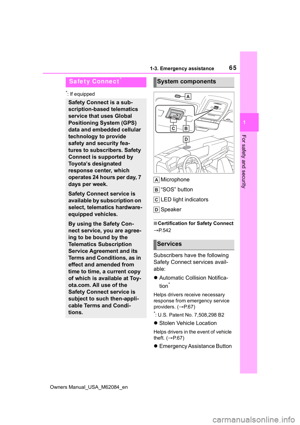 TOYOTA MIRAI 2022 Owners Manual 651-3. Emergency assistance
Owners Manual_USA_M62084_en
1
For safety and security
1-3.Emergency assistance
*: If equipped
Microphone
“SOS” button
LED light indicators
Speaker
■Certification for TOYOTA MIRAI 2022 Owners Manual 651-3. Emergency assistance
Owners Manual_USA_M62084_en
1
For safety and security
1-3.Emergency assistance
*: If equipped
Microphone
“SOS” button
LED light indicators
Speaker
■Certification for