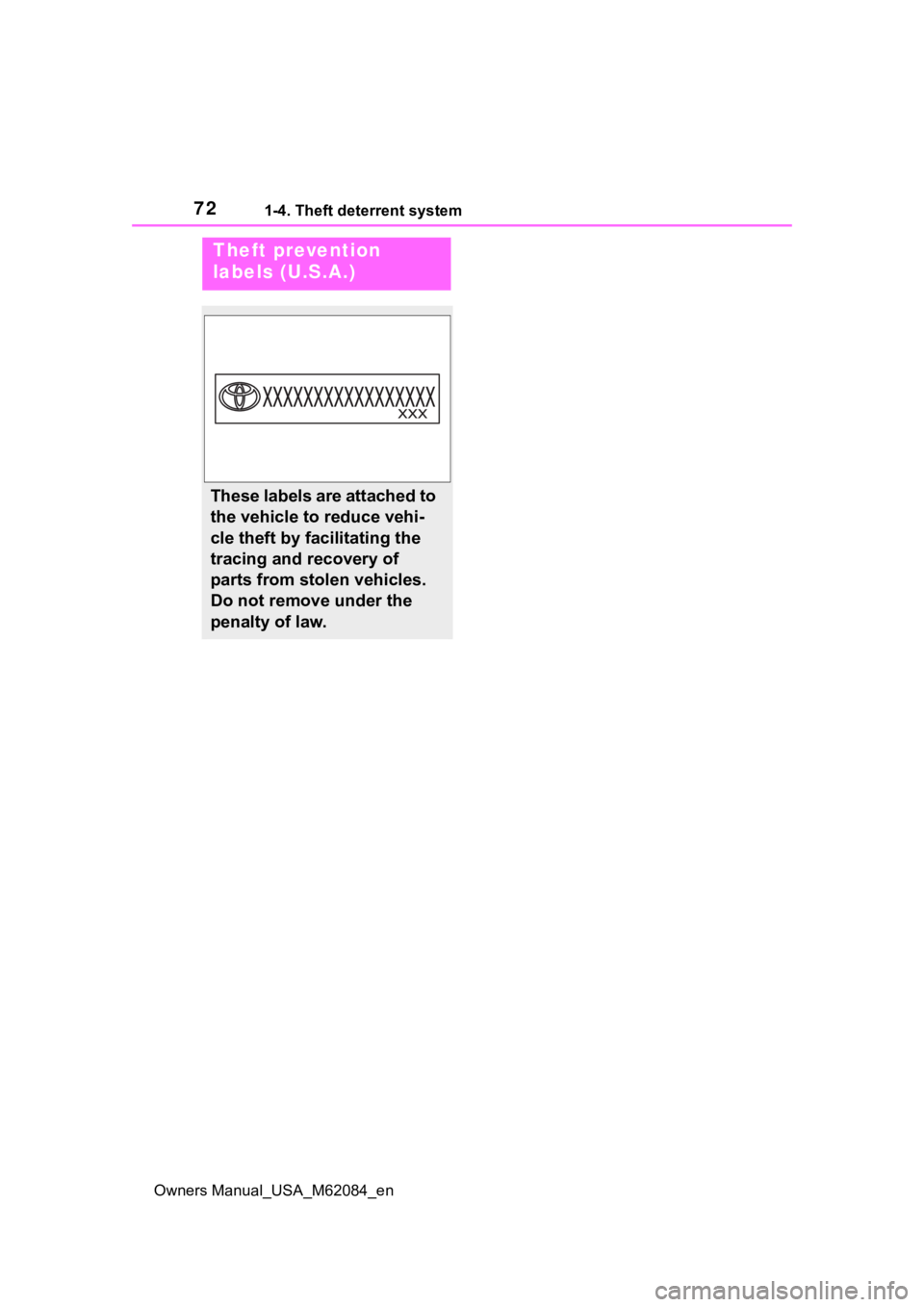 TOYOTA MIRAI 2022 Manual PDF 721-4. Theft deterrent system
Owners Manual_USA_M62084_en
Theft prevention
labels (U.S.A.)
These labels are attached to
the vehicle to reduce vehi-
cle theft by facilitating the
tracing and recover TOYOTA MIRAI 2022 Manual PDF 721-4. Theft deterrent system
Owners Manual_USA_M62084_en
Theft prevention
labels (U.S.A.)
These labels are attached to
the vehicle to reduce vehi-
cle theft by facilitating the
tracing and recover