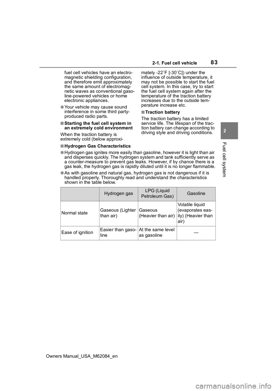 TOYOTA MIRAI 2022 Manual Online 832-1. Fuel cell vehicle
Owners Manual_USA_M62084_en
2
Fuel cell system
fuel cell vehicles have an electro-
magnetic shielding configuration,
and therefore emi t approximately
the same amount of ele TOYOTA MIRAI 2022 Manual Online 832-1. Fuel cell vehicle
Owners Manual_USA_M62084_en
2
Fuel cell system
fuel cell vehicles have an electro-
magnetic shielding configuration,
and therefore emi t approximately
the same amount of ele