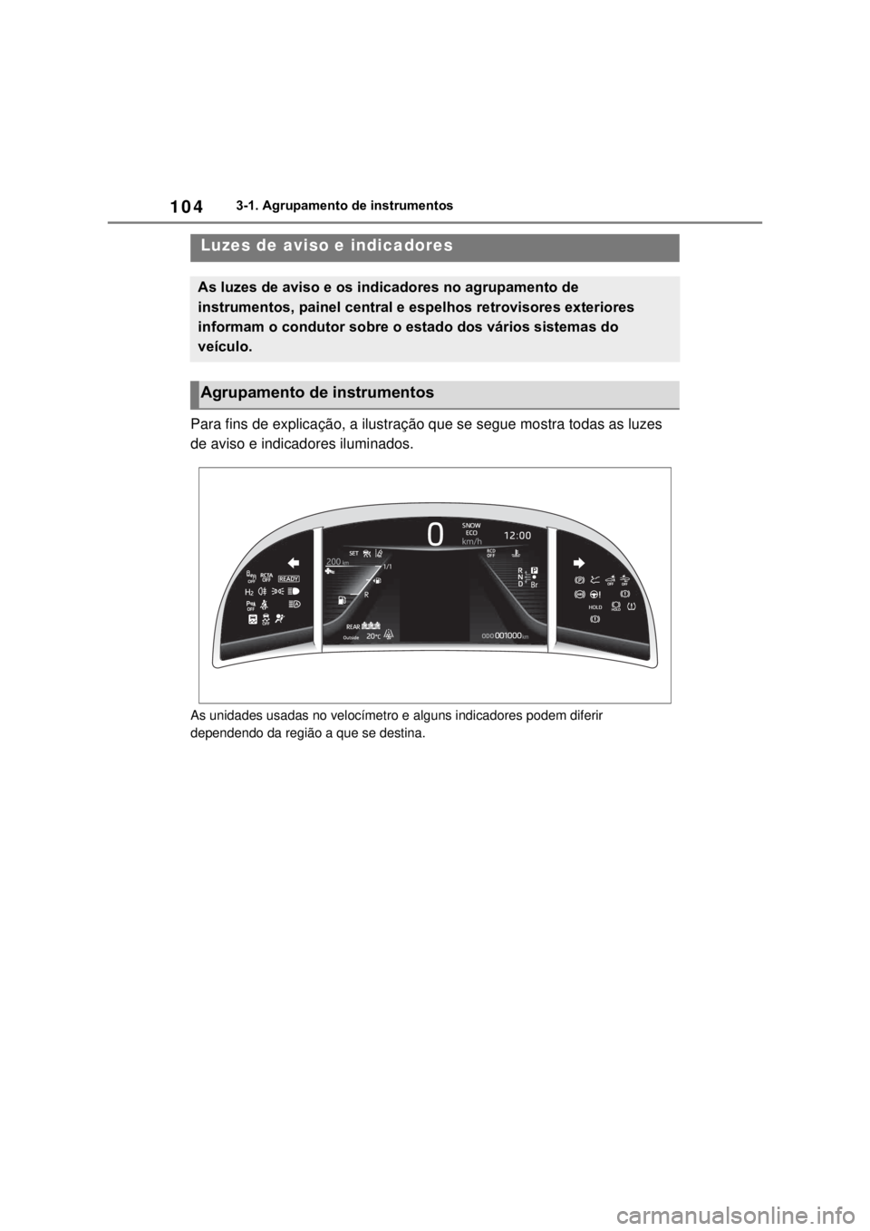 TOYOTA MIRAI 2022 Manual de utilização (in Portuguese) 1043-1. Agrupamento de instrumentos3-1.Agrupamento de instrumentosPara fins de explicação, a ilustração que se segue mostra todas as luzes de aviso e indicadores iluminados.As unidades usadas no v TOYOTA MIRAI 2022 Manual de utilização (in Portuguese) 1043-1. Agrupamento de instrumentos3-1.Agrupamento de instrumentosPara fins de explicação, a ilustração que se segue mostra todas as luzes de aviso e indicadores iluminados.As unidades usadas no v