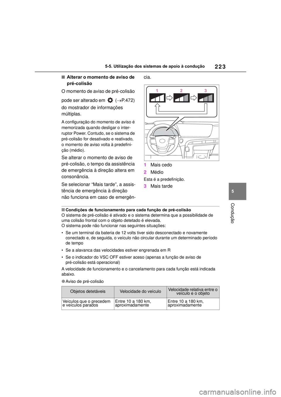 TOYOTA MIRAI 2022 Manual de utilização (in Portuguese) 22355-5. Utilização dos sistemas de apoio à condução ConduçãoAlterar o momento de aviso de pré-colisãoO momento de aviso de pré-colisão pode ser alterado em (P.472) do mostrador de TOYOTA MIRAI 2022 Manual de utilização (in Portuguese) 22355-5. Utilização dos sistemas de apoio à condução ConduçãoAlterar o momento de aviso de pré-colisãoO momento de aviso de pré-colisão pode ser alterado em (P.472) do mostrador de