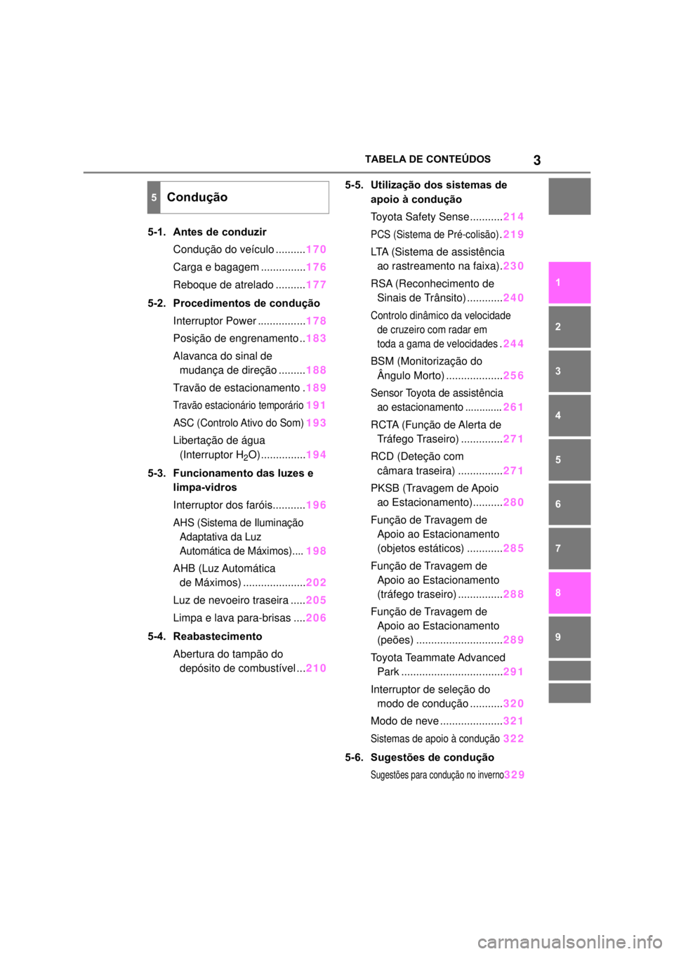 TOYOTA MIRAI 2022  Manual de utilização (in Portuguese) 3TABELA DE CONTEÚDOS1654327895-1. Antes de conduzirCondução do veículo ..........170Carga e bagagem ...............176Reboque de atrelado ..........1775-2. Procedimentos de conduçãoInterruptor P