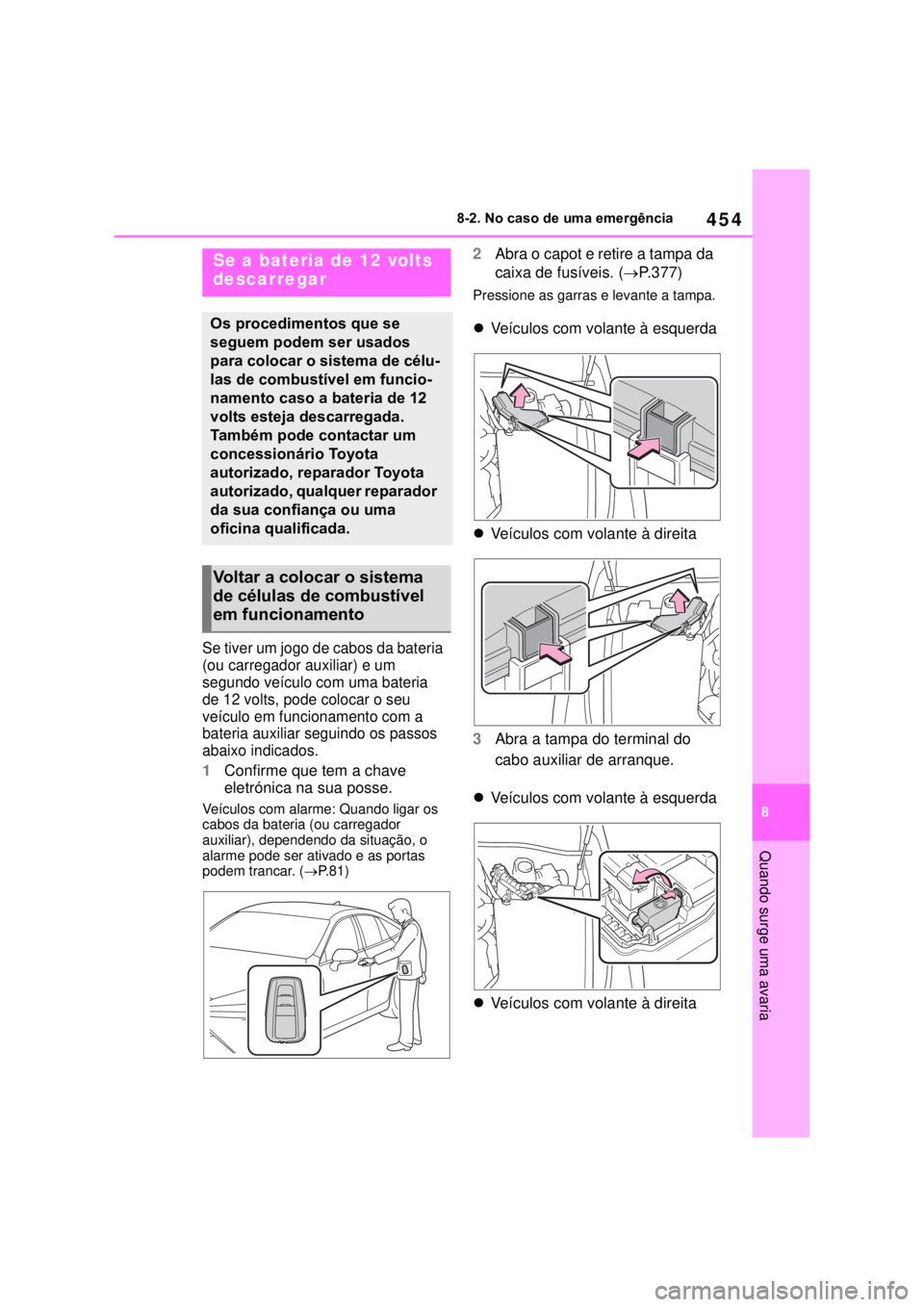 TOYOTA MIRAI 2022 Manual de utilização (in Portuguese) 45488-2. No caso de uma emergência Quando surge uma avariaSe tiver um jogo de cabos da bateria (ou carregador auxiliar) e um segundo veículo com uma bateria de 12 volts, pode colocar o seu veículo TOYOTA MIRAI 2022 Manual de utilização (in Portuguese) 45488-2. No caso de uma emergência Quando surge uma avariaSe tiver um jogo de cabos da bateria (ou carregador auxiliar) e um segundo veículo com uma bateria de 12 volts, pode colocar o seu veículo