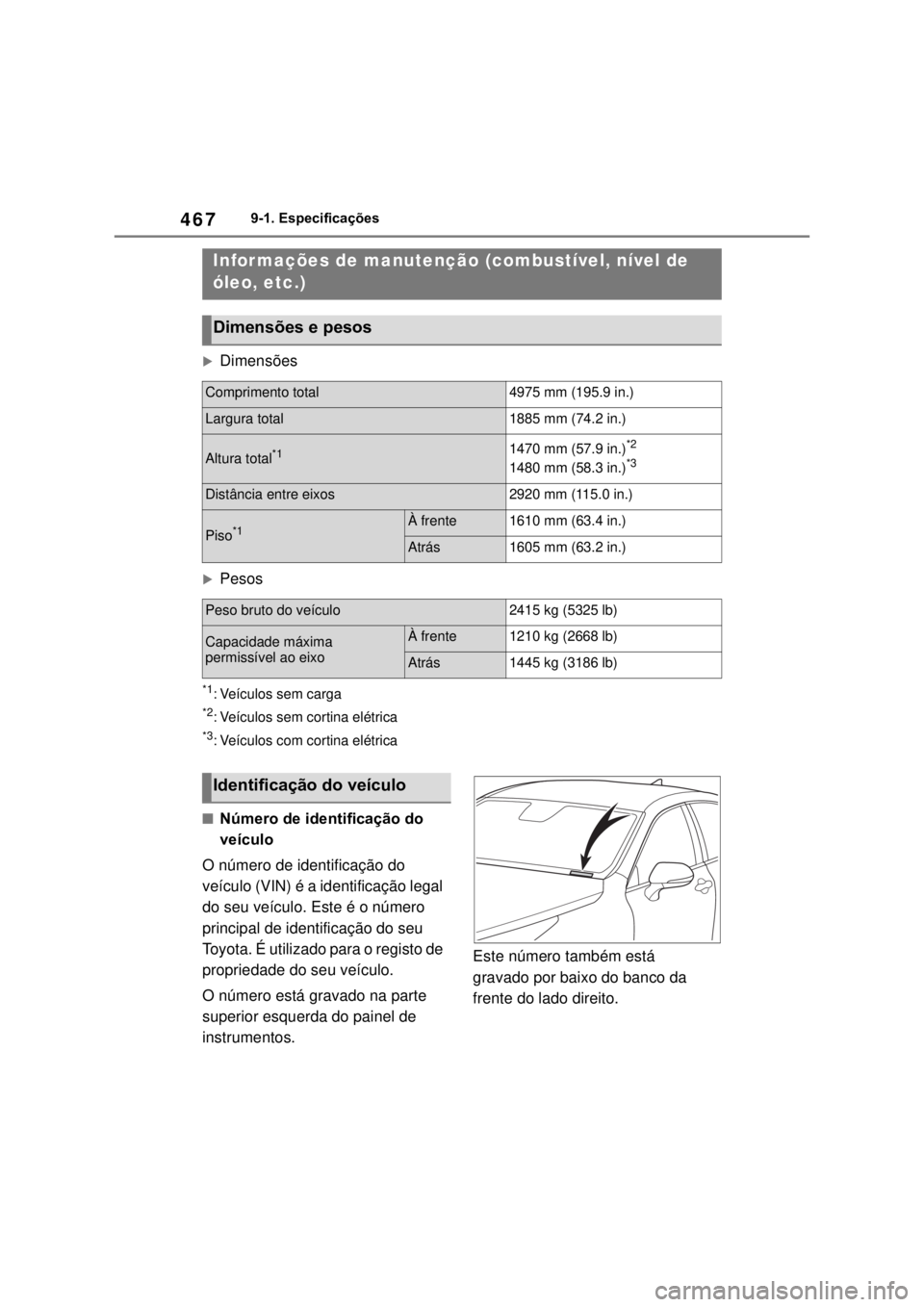 TOYOTA MIRAI 2022 Manual de utilização (in Portuguese) 4679-1. Especificações9-1.EspecificaçõesDimensõesPesos*1: Veículos sem carga*2: Veículos sem cortina elétrica*3: Veículos com cortina elétricaNúmero de identificação do veículoO TOYOTA MIRAI 2022 Manual de utilização (in Portuguese) 4679-1. Especificações9-1.EspecificaçõesDimensõesPesos*1: Veículos sem carga*2: Veículos sem cortina elétrica*3: Veículos com cortina elétricaNúmero de identificação do veículoO