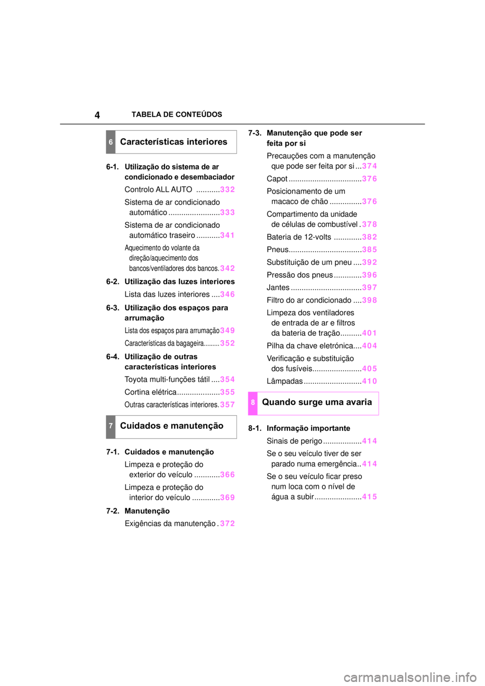 TOYOTA MIRAI 2022  Manual de utilização (in Portuguese) 4TABELA DE CONTEÚDOS6-1. Utilização do sistema de ar condicionado e desembaciadorControlo ALL AUTO  ...........332Sistema de ar condicionado automático ........................333Sistema de ar con