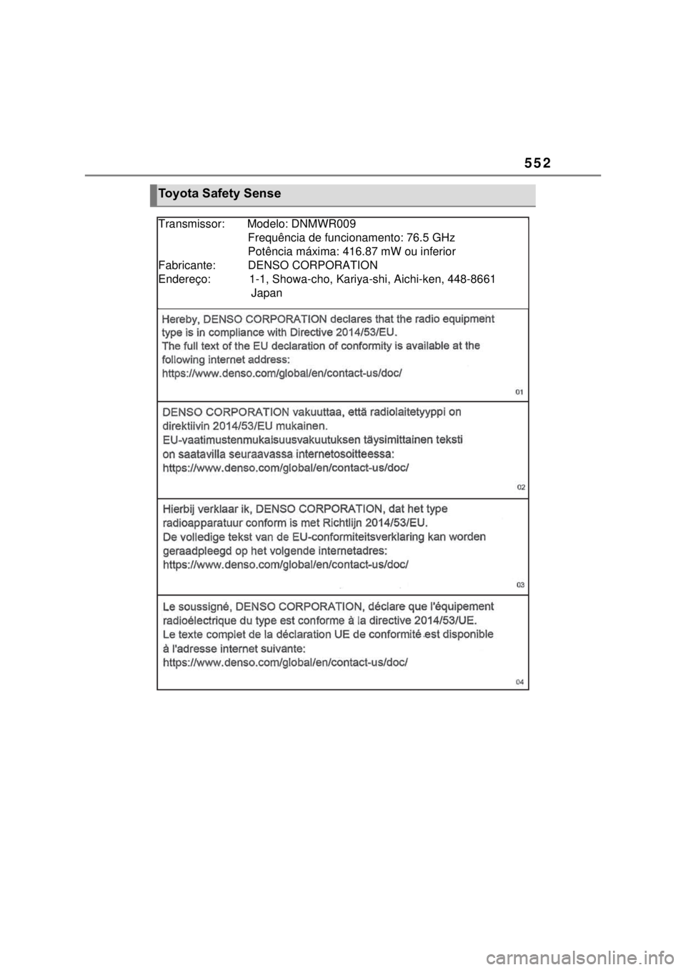 TOYOTA MIRAI 2022 Manual de utilização (in Portuguese) 552Toyota Safety SenseTransmissor: Modelo: DNMWR009 Frequência de funcionamento: 76.5 GHz Potência máxima: 416.87 mW ou inferiorFabricant TOYOTA MIRAI 2022 Manual de utilização (in Portuguese) 552Toyota Safety SenseTransmissor: Modelo: DNMWR009 Frequência de funcionamento: 76.5 GHz Potência máxima: 416.87 mW ou inferiorFabricant