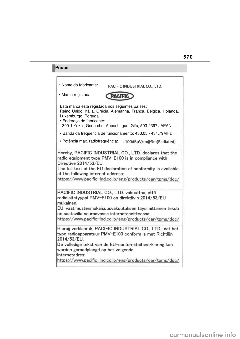 TOYOTA MIRAI 2022 Manual de utilização (in Portuguese) 570Pneus• Nome do fabricante:• Marca registada:Esta marca está registada nos seguintes paÃses:Reino Unido, Itália, Grécia, Alemanha, França, Bélgica, Holanda,Luxemburgo, Portugal.• Endereà TOYOTA MIRAI 2022 Manual de utilização (in Portuguese) 570Pneus• Nome do fabricante:• Marca registada:Esta marca está registada nos seguintes paÃses:Reino Unido, Itália, Grécia, Alemanha, França, Bélgica, Holanda,Luxemburgo, Portugal.• EndereÃ