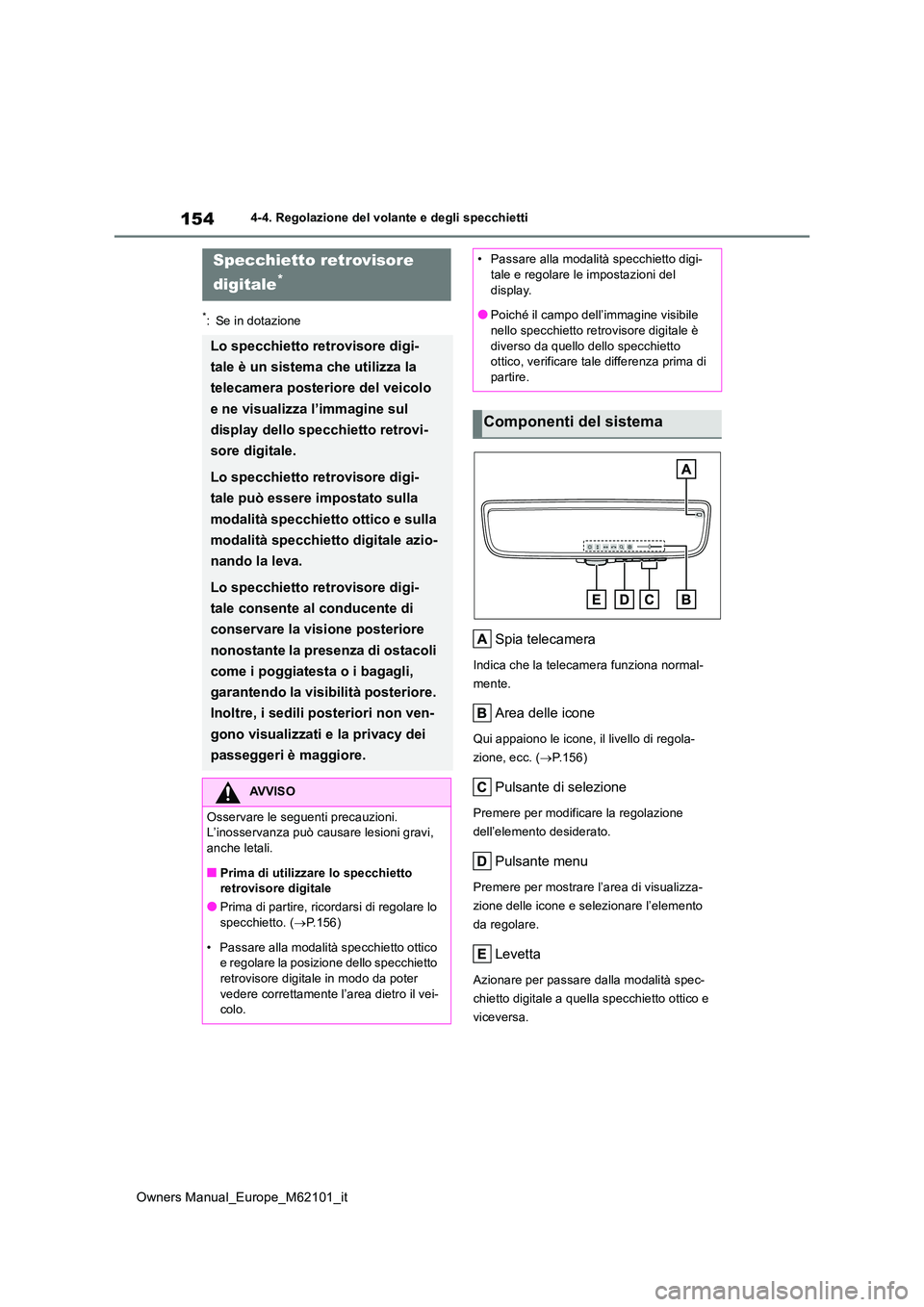 TOYOTA MIRAI 2021 Manuale duso (in Italian) 154
Owners Manual_Europe_M62101_it
4-4. Regolazione del volante e degli specchietti
*: Se in dotazione
Spia telecamera
Indica che la telecamera funziona normal-
mente.
Area delle icone
Qui appaiono l TOYOTA MIRAI 2021 Manuale duso (in Italian) 154
Owners Manual_Europe_M62101_it
4-4. Regolazione del volante e degli specchietti
*: Se in dotazione
Spia telecamera
Indica che la telecamera funziona normal-
mente.
Area delle icone
Qui appaiono l