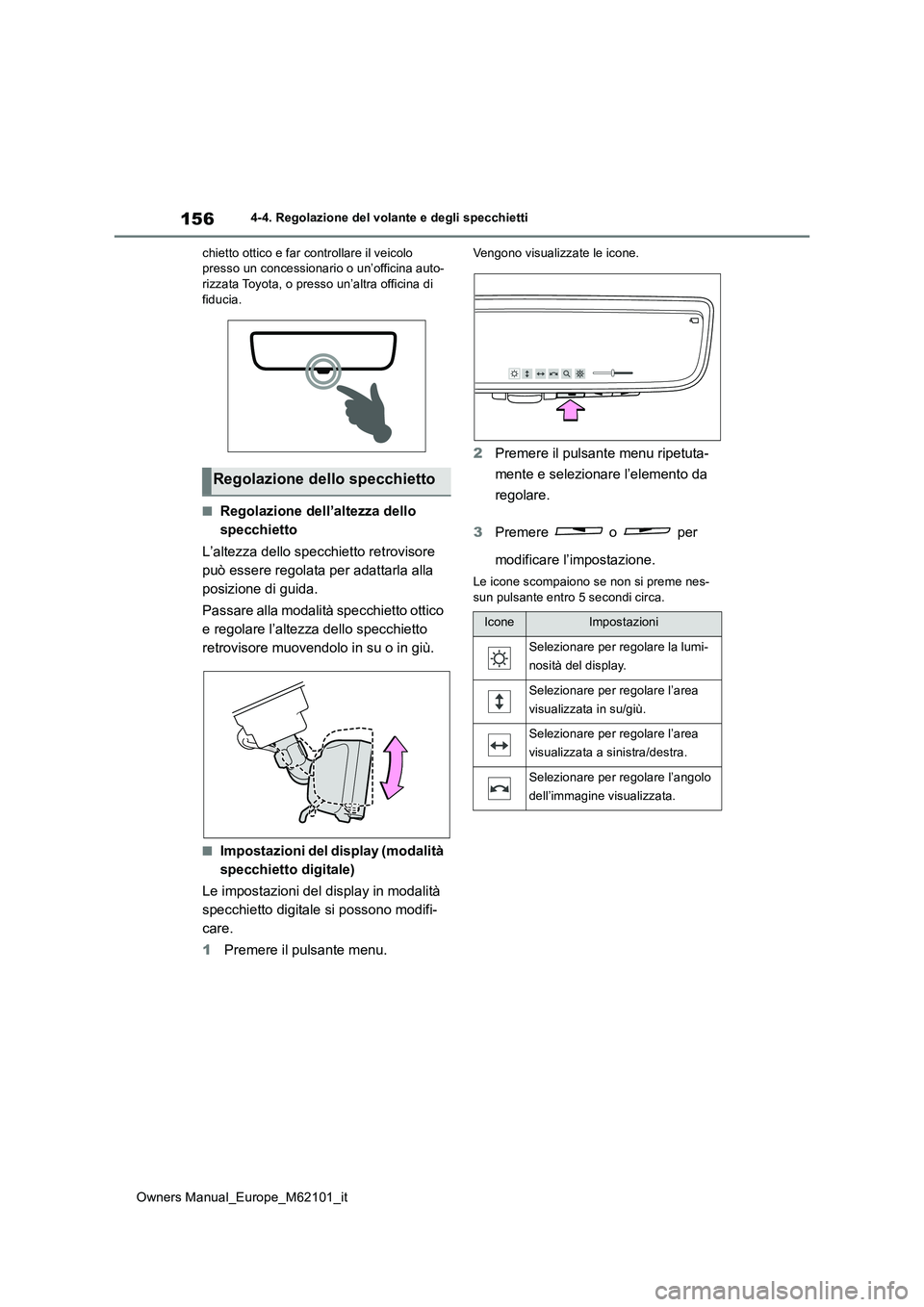 TOYOTA MIRAI 2021 Manuale duso (in Italian) 156
Owners Manual_Europe_M62101_it
4-4. Regolazione del volante e degli specchietti
chietto ottico e far controllare il veicolo presso un concessionario o un’officina auto-rizzata Toyota, o presso TOYOTA MIRAI 2021 Manuale duso (in Italian) 156
Owners Manual_Europe_M62101_it
4-4. Regolazione del volante e degli specchietti
chietto ottico e far controllare il veicolo presso un concessionario o un’officina auto-rizzata Toyota, o presso