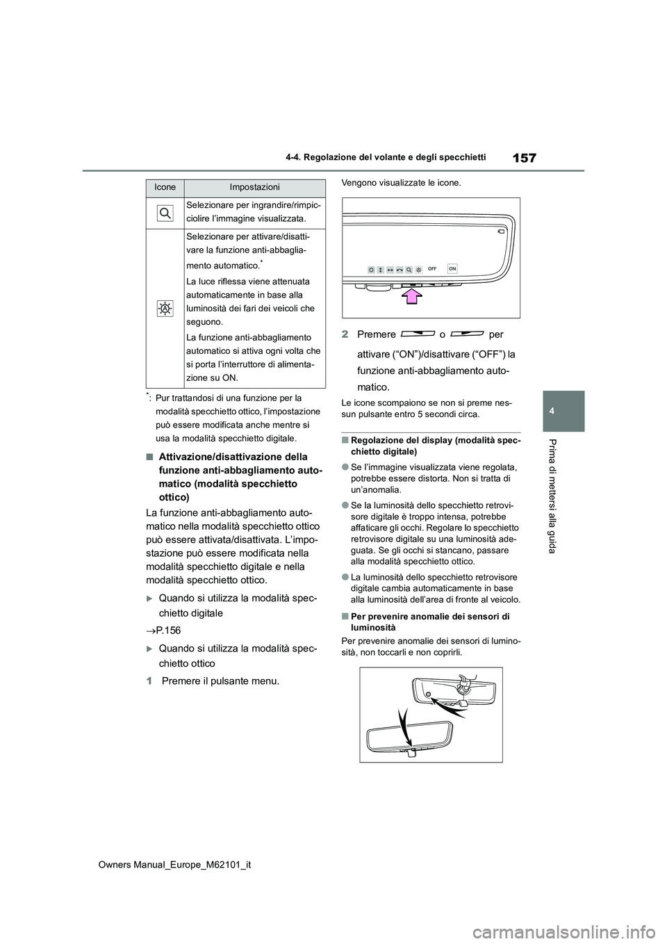 TOYOTA MIRAI 2021 Manuale duso (in Italian) 157
4
Owners Manual_Europe_M62101_it
4-4. Regolazione del volante e degli specchietti
Prima di mettersi alla guida
*: Pur trattandosi di una funzione per la
modalità specchietto ottico, l’imposta TOYOTA MIRAI 2021 Manuale duso (in Italian) 157
4
Owners Manual_Europe_M62101_it
4-4. Regolazione del volante e degli specchietti
Prima di mettersi alla guida
*: Pur trattandosi di una funzione per la
modalità specchietto ottico, l’imposta