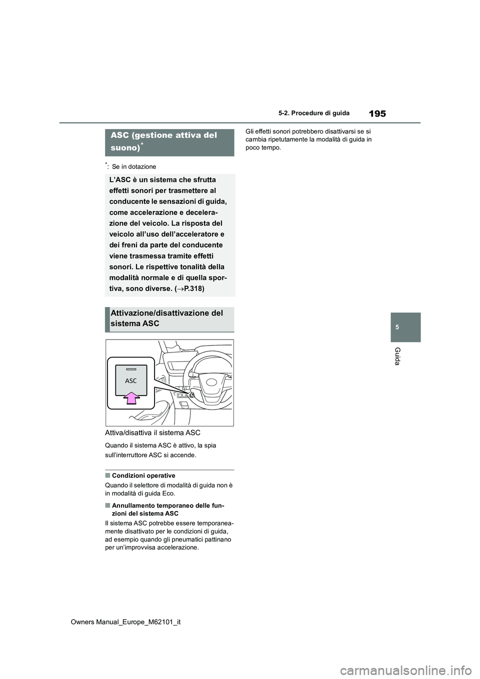 TOYOTA MIRAI 2021 Manuale duso (in Italian) 195
5
Owners Manual_Europe_M62101_it
5-2. Procedure di guida
Guida
*: Se in dotazione
Attiva/disattiva il sistema ASC
Quando il sistema ASC è attivo, la spia
sull’interruttore ASC si accende.
■ TOYOTA MIRAI 2021 Manuale duso (in Italian) 195
5
Owners Manual_Europe_M62101_it
5-2. Procedure di guida
Guida
*: Se in dotazione
Attiva/disattiva il sistema ASC
Quando il sistema ASC è attivo, la spia
sull’interruttore ASC si accende.
■