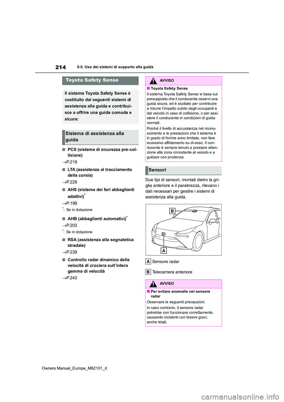 TOYOTA MIRAI 2021 Manuale duso (in Italian) 214
Owners Manual_Europe_M62101_it
5-5. Uso dei sistemi di supporto alla guida
5-5.Uso dei sis te mi di su pporto alla gu ida
■PCS (sistema di sicurezza pre-col-
lisione)
P. 2 1 9
■LTA (ass TOYOTA MIRAI 2021 Manuale duso (in Italian) 214
Owners Manual_Europe_M62101_it
5-5. Uso dei sistemi di supporto alla guida
5-5.Uso dei sis te mi di su pporto alla gu ida
■PCS (sistema di sicurezza pre-col-
lisione)
P. 2 1 9
■LTA (ass