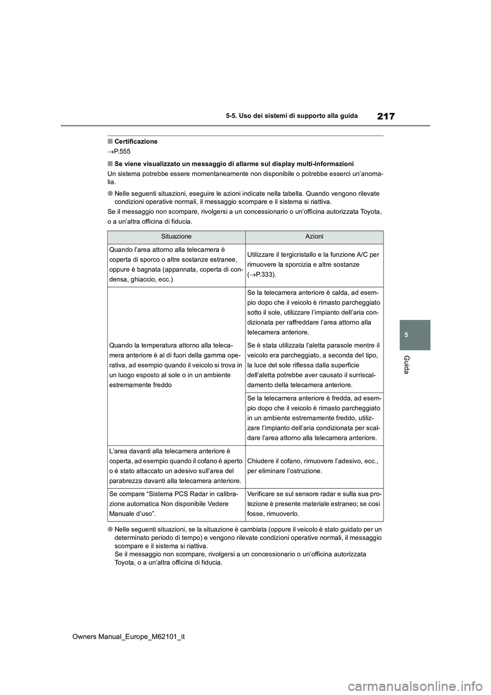 TOYOTA MIRAI 2021 Manuale duso (in Italian) 217
5
Owners Manual_Europe_M62101_it
5-5. Uso dei sistemi di supporto alla guida
Guida
■Certificazione
P.555
■Se viene visualizzato un messaggio di allarme sul display multi-informazioni
Un TOYOTA MIRAI 2021 Manuale duso (in Italian) 217
5
Owners Manual_Europe_M62101_it
5-5. Uso dei sistemi di supporto alla guida
Guida
■Certificazione
P.555
■Se viene visualizzato un messaggio di allarme sul display multi-informazioni
Un