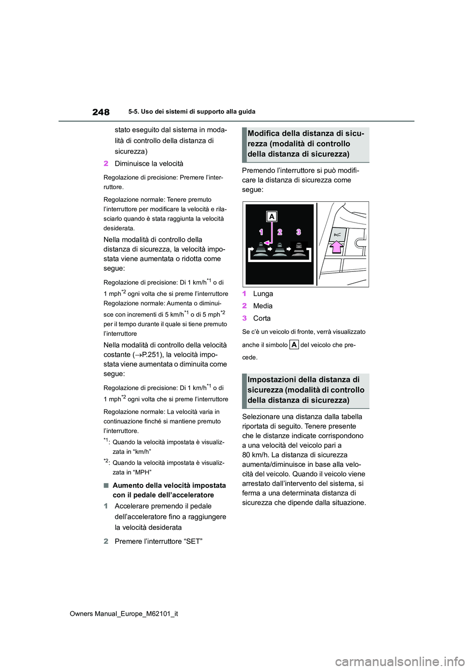 TOYOTA MIRAI 2021 Manuale duso (in Italian) 248
Owners Manual_Europe_M62101_it
5-5. Uso dei sistemi di supporto alla guida
stato eseguito dal sistema in moda-
lità di controllo della distanza di
sicurezza)
2 Diminuisce la velocità
Regolaz TOYOTA MIRAI 2021 Manuale duso (in Italian) 248
Owners Manual_Europe_M62101_it
5-5. Uso dei sistemi di supporto alla guida
stato eseguito dal sistema in moda-
lità di controllo della distanza di
sicurezza)
2 Diminuisce la velocità
Regolaz