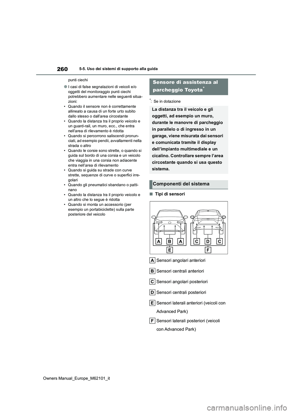 TOYOTA MIRAI 2021 Manuale duso (in Italian) 260
Owners Manual_Europe_M62101_it
5-5. Uso dei sistemi di supporto alla guida
punti ciechi
●I casi di false segnalazioni di veicoli e/o
oggetti del monitoraggio punti ciechi potrebbero aumentar TOYOTA MIRAI 2021 Manuale duso (in Italian) 260
Owners Manual_Europe_M62101_it
5-5. Uso dei sistemi di supporto alla guida
punti ciechi
●I casi di false segnalazioni di veicoli e/o
oggetti del monitoraggio punti ciechi potrebbero aumentar