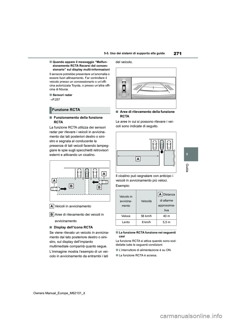 TOYOTA MIRAI 2021  Manuale duso (in Italian) 271
5
Owners Manual_Europe_M62101_it
5-5. Uso dei sistemi di supporto alla guida
Guida
■Quando appare il messaggio “Malfun- zionamento RCTA Recarsi dal conces-sionario” sul display multi-informa