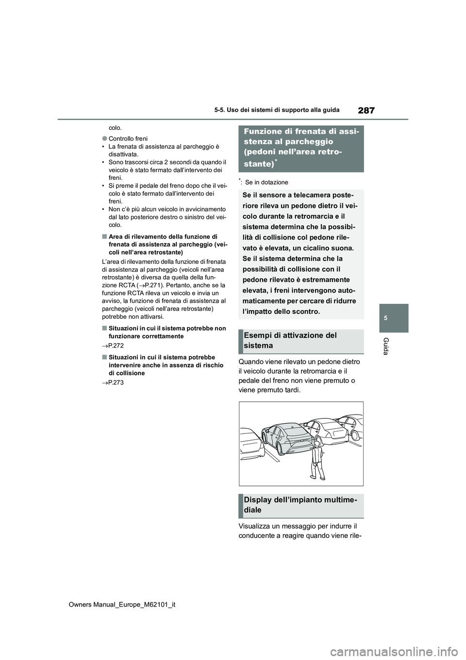 TOYOTA MIRAI 2021 Manuale duso (in Italian) 287
5
Owners Manual_Europe_M62101_it
5-5. Uso dei sistemi di supporto alla guida
Guida
colo.
●Controllo freni
• La frenata di assistenza al parcheggio è disattivata.• Sono trascorsi circa 2 s TOYOTA MIRAI 2021 Manuale duso (in Italian) 287
5
Owners Manual_Europe_M62101_it
5-5. Uso dei sistemi di supporto alla guida
Guida
colo.
●Controllo freni
• La frenata di assistenza al parcheggio è disattivata.• Sono trascorsi circa 2 s